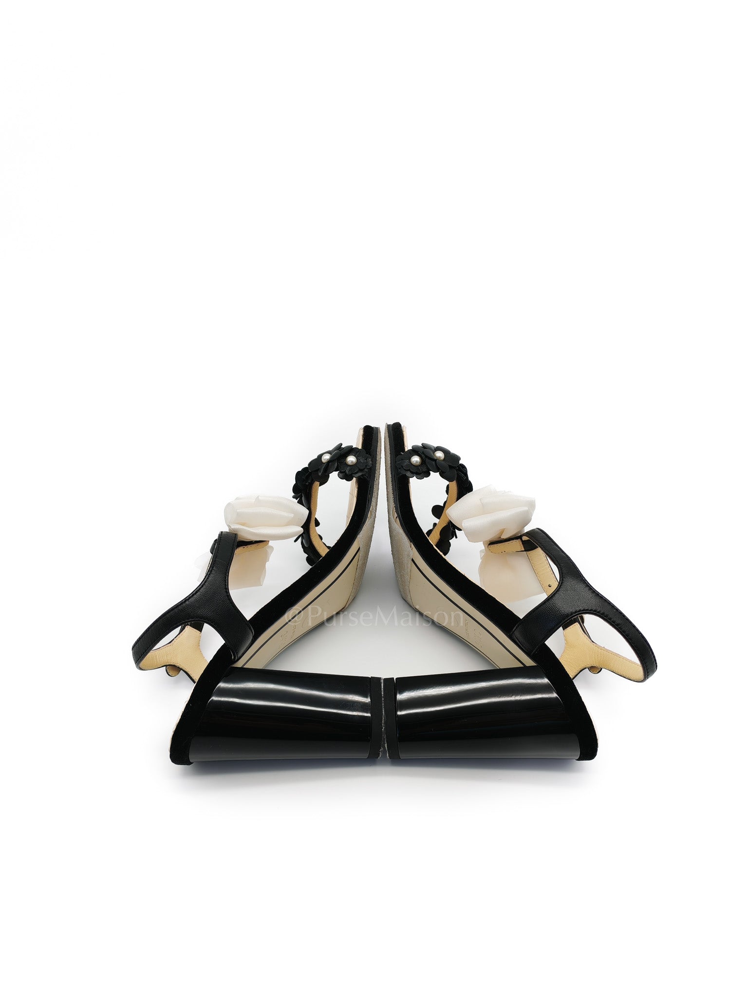 Camellia Pearl Embellished CC Bow Ankle Strap Lambskin Leather Sandals Size 34.5EU (21.5CM) | Purse Maison Luxury Bags Shop