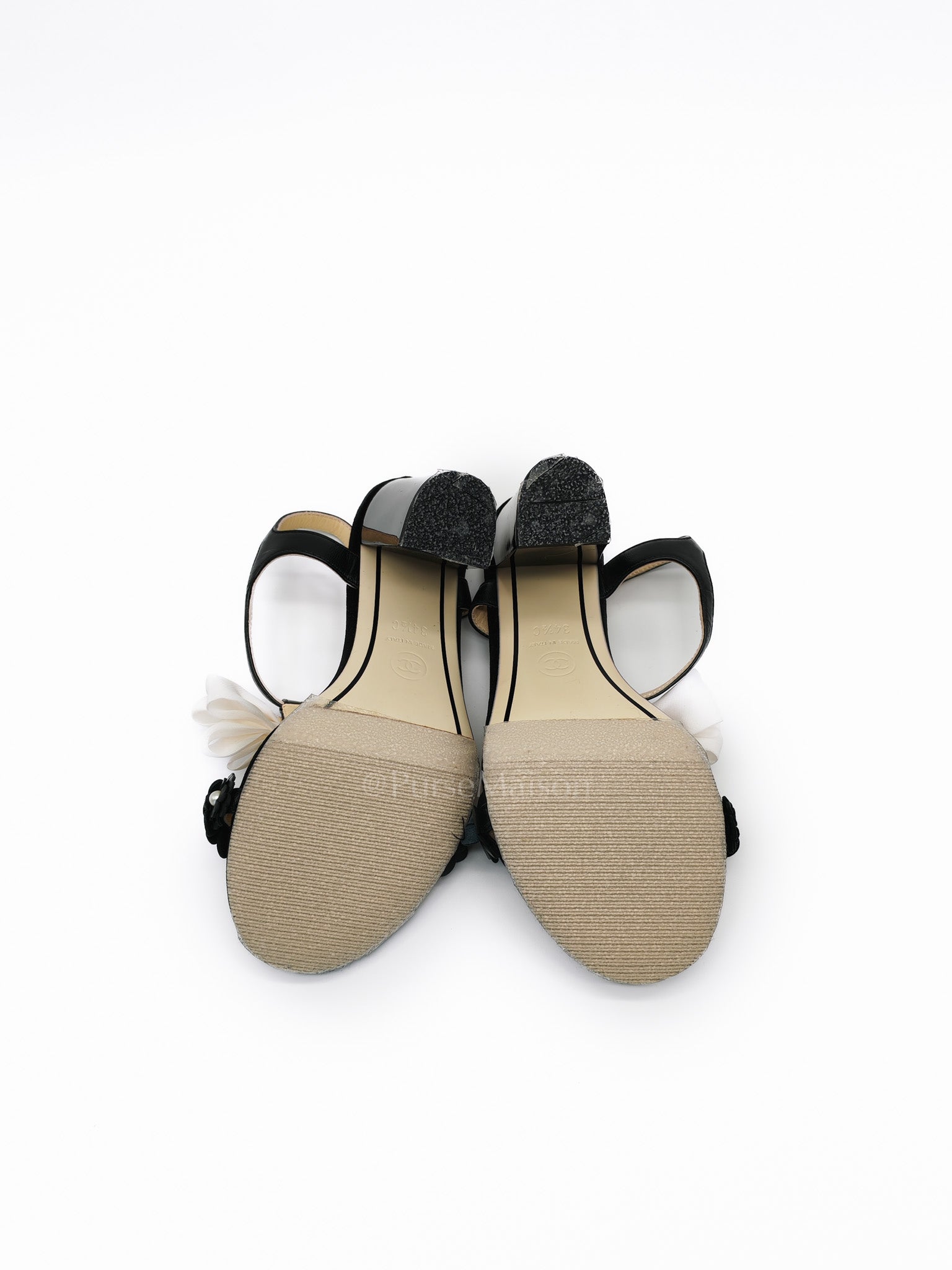 Camellia Pearl Embellished CC Bow Ankle Strap Lambskin Leather Sandals Size 34.5EU (21.5CM) | Purse Maison Luxury Bags Shop