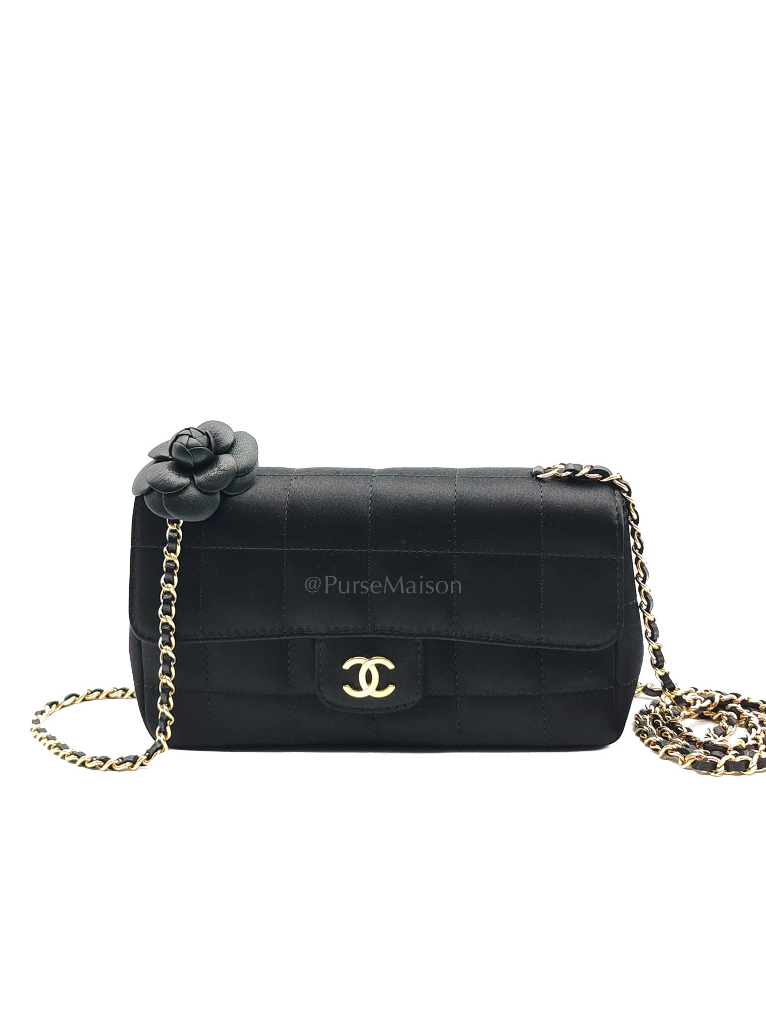 Camellia Satin Chocolate Bar Flap Bag Mini in Black Silk Fabric Leather & Gold Hardware Series 12 | Purse Maison Luxury Bags Shop