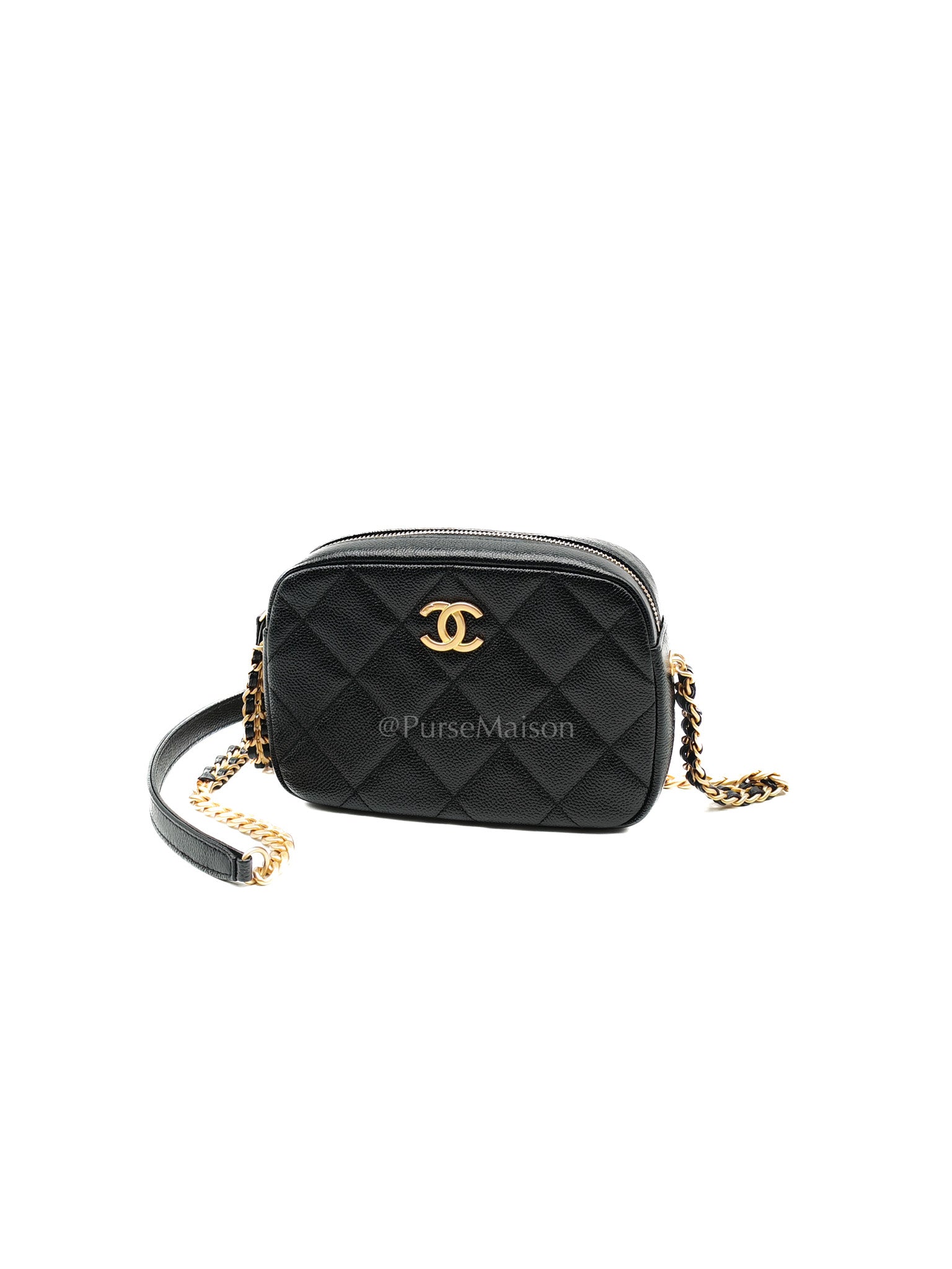 Camera Bag Mini in Black Quilted Caviar Leather & Aged Gold Hardware Microchip | Purse Maison Luxury Bags Shop