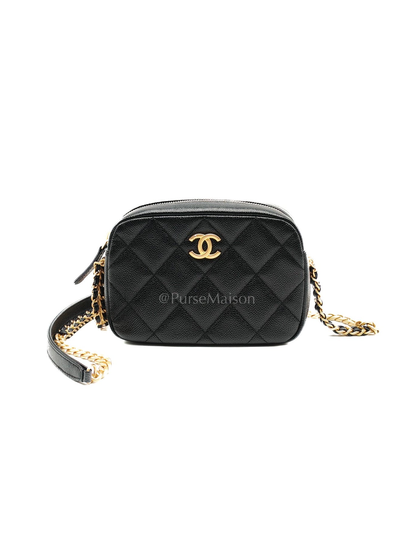 Camera Bag Mini in Black Quilted Caviar Leather & Aged Gold Hardware Microchip | Purse Maison Luxury Bags Shop