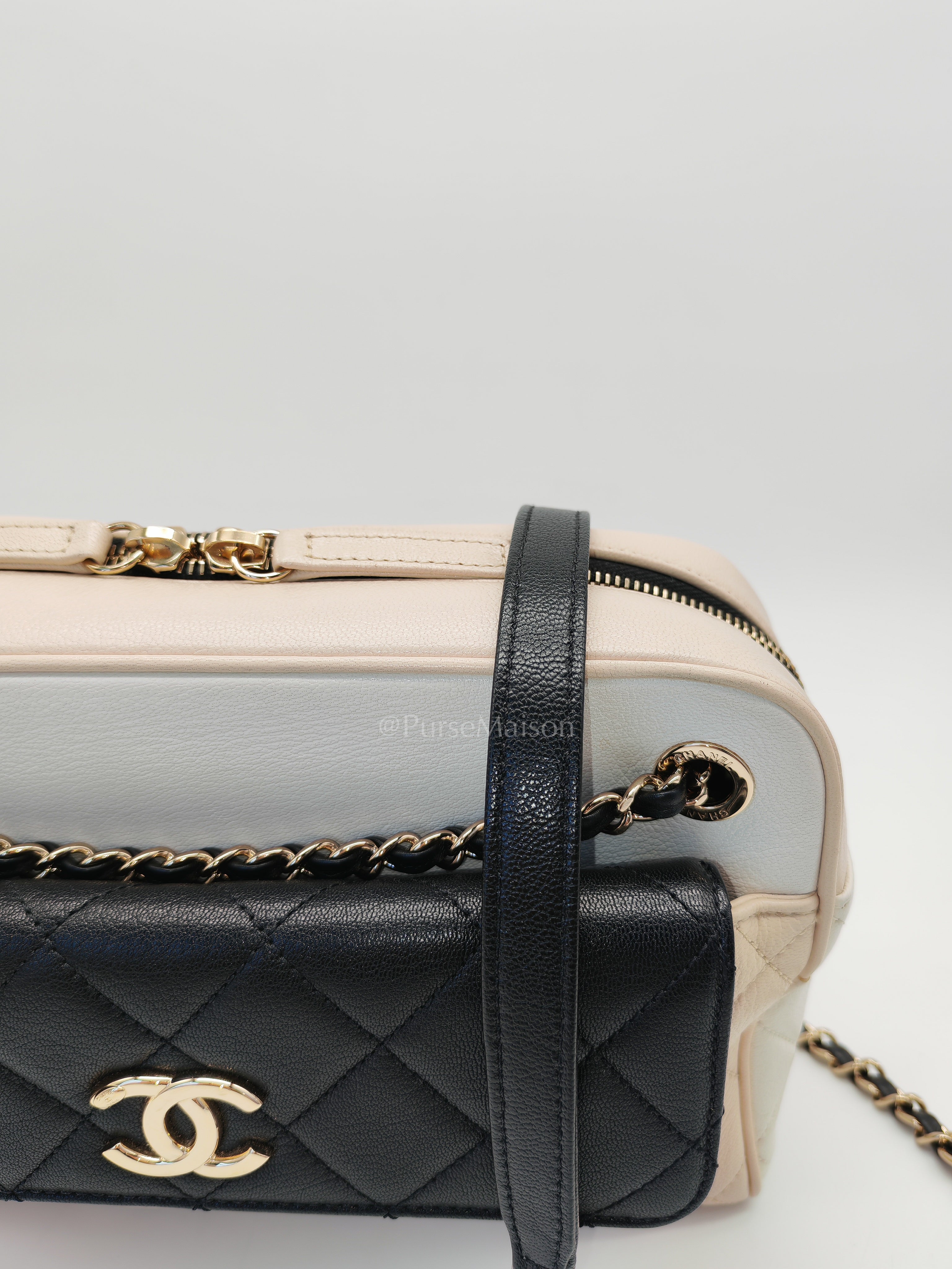Camera Case Bag in Tricolor Beige/White/Black Quilted Goatskin Leather & Light Gold Hardware Series 29 | Purse Maison Luxury Bags Shop