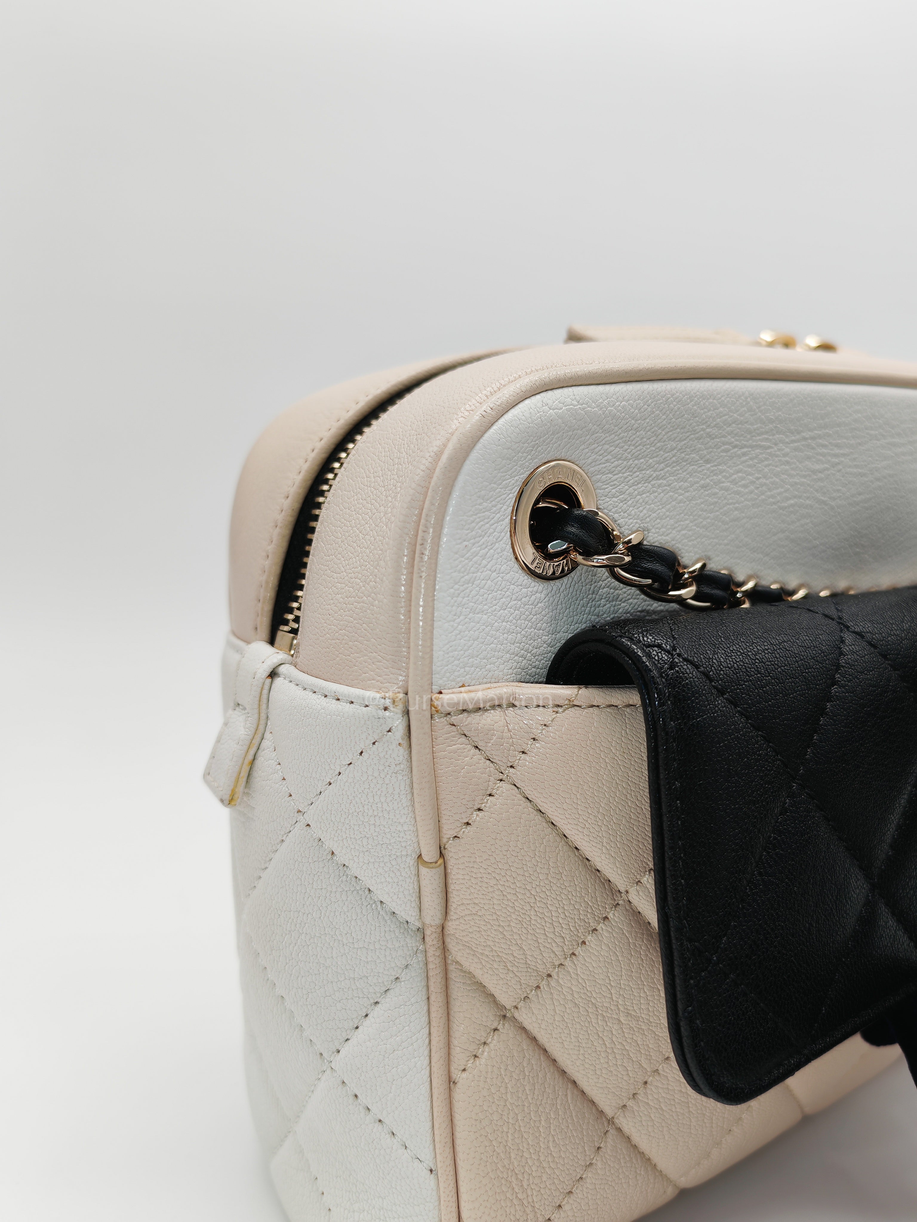 Camera Case Bag in Tricolor Beige/White/Black Quilted Goatskin Leather & Light Gold Hardware Series 29 | Purse Maison Luxury Bags Shop