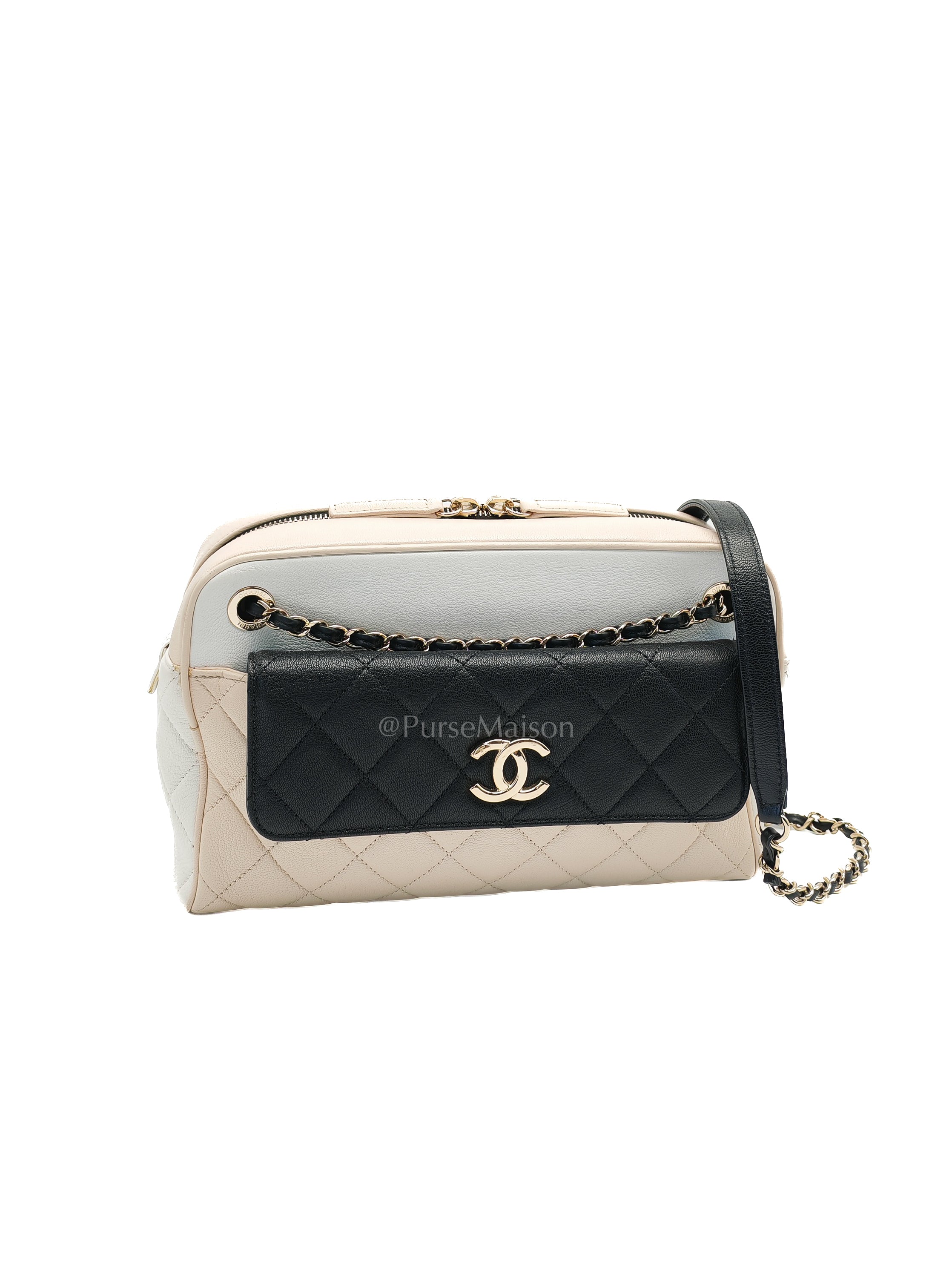 Camera Case Bag in Tricolor Beige/White/Black Quilted Goatskin Leather & Light Gold Hardware Series 29 | Purse Maison Luxury Bags Shop
