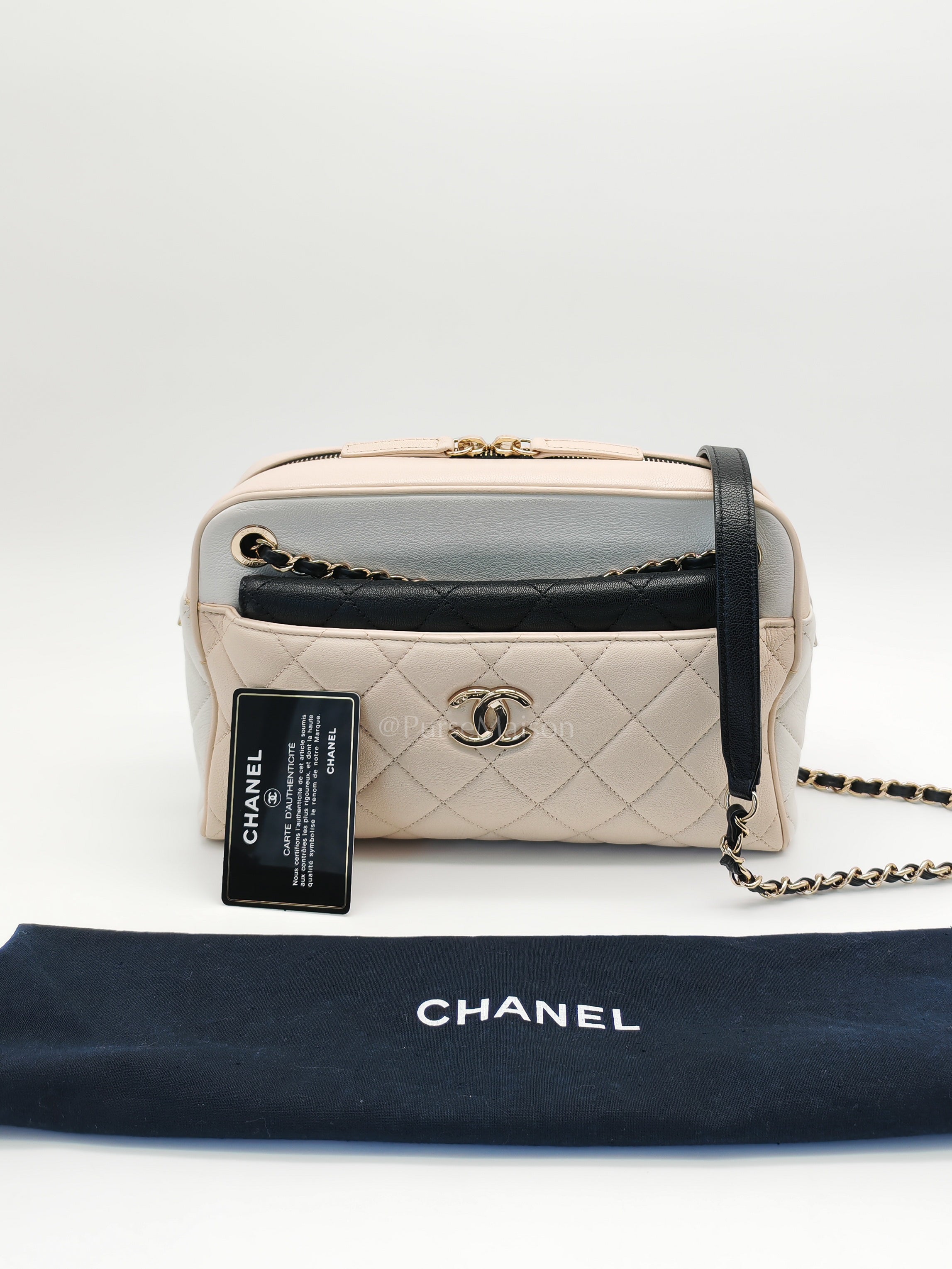 Camera Case Bag in Tricolor Beige/White/Black Quilted Goatskin Leather & Light Gold Hardware Series 29 | Purse Maison Luxury Bags Shop