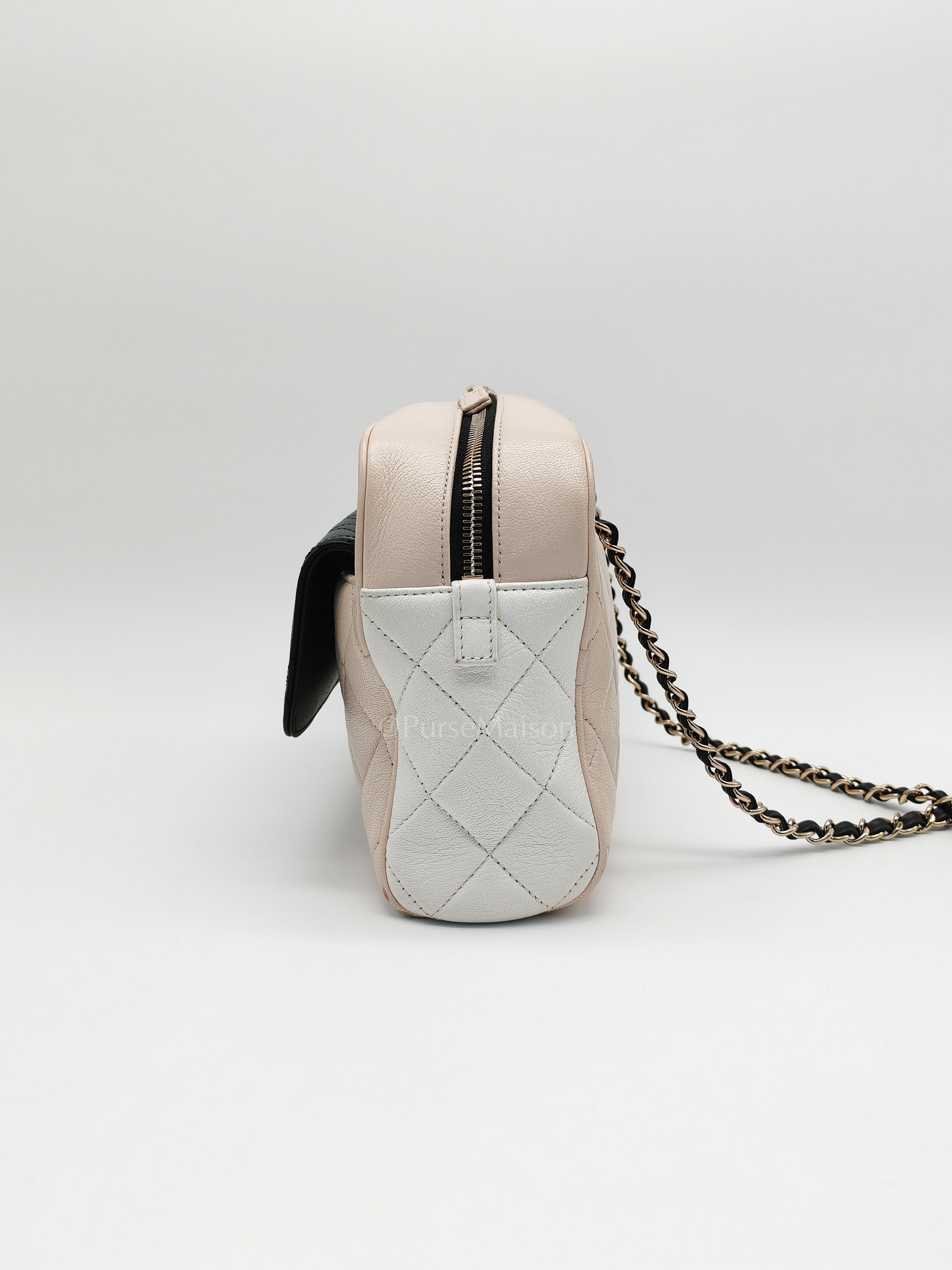 Camera Case Bag in Tricolor Beige/White/Black Quilted Goatskin Leather & Light Gold Hardware Series 29 | Purse Maison Luxury Bags Shop