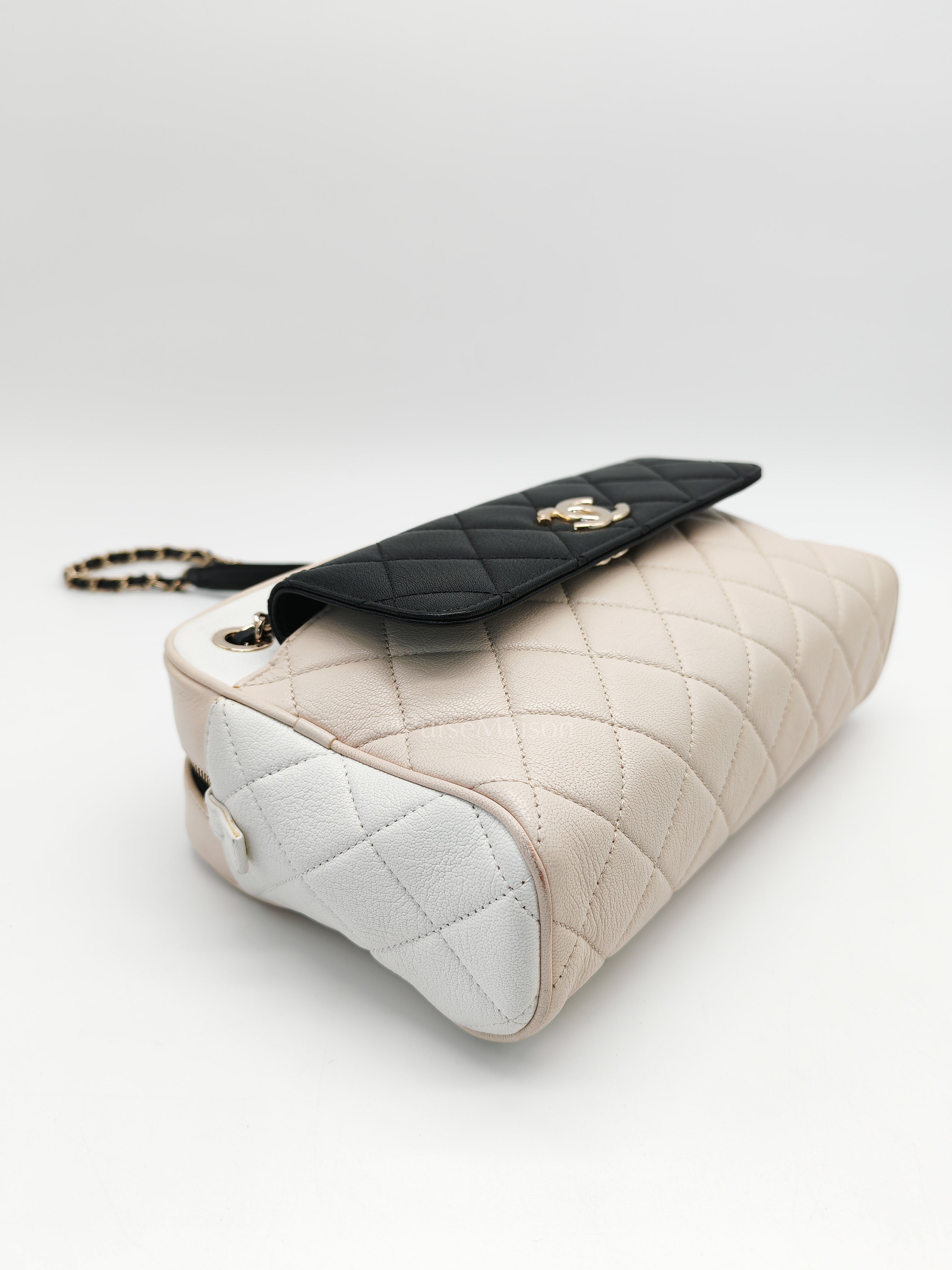 Camera Case Bag in Tricolor Beige/White/Black Quilted Goatskin Leather & Light Gold Hardware Series 29 | Purse Maison Luxury Bags Shop