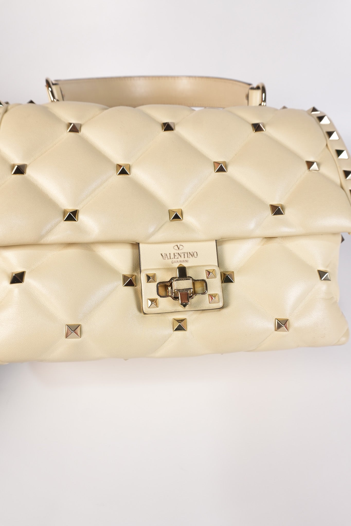 Candystud Nappa Top Handle in Light Beige Smooth Calfskin Leather | Purse Maison Luxury Bags Shop