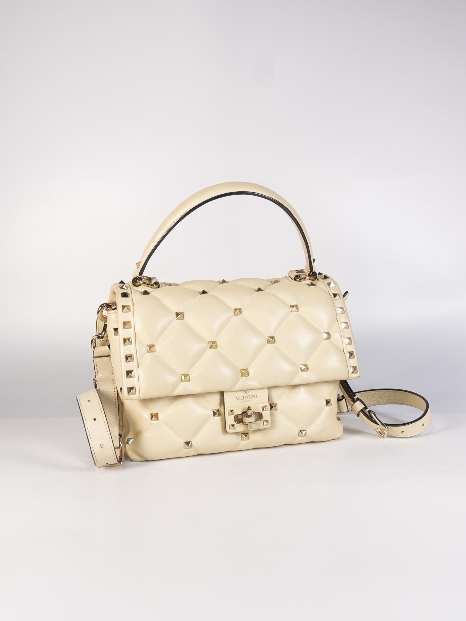 Candystud Nappa Top Handle in Light Beige Smooth Calfskin Leather | Purse Maison Luxury Bags Shop