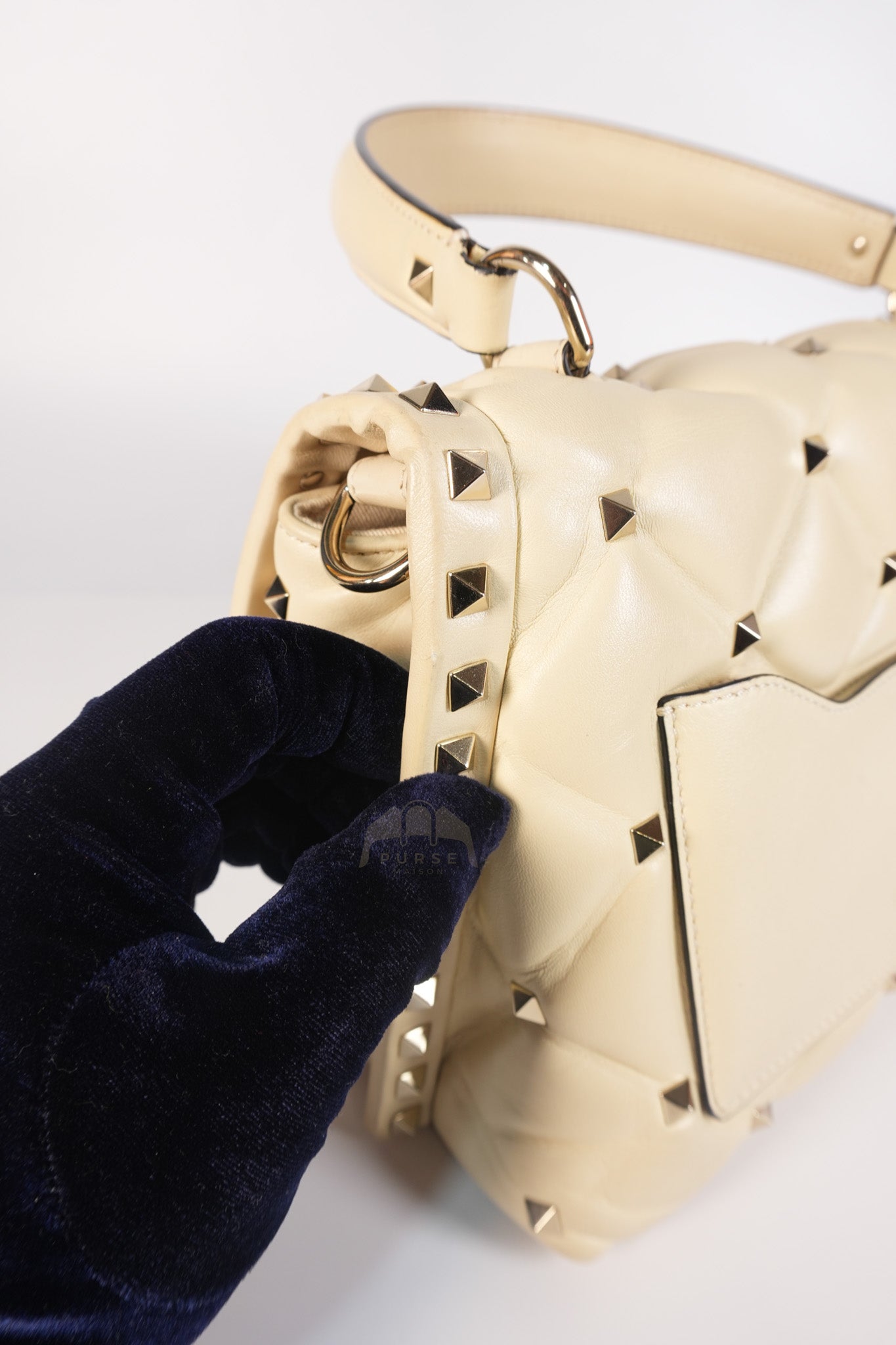 Candystud Nappa Top Handle in Light Beige Smooth Calfskin Leather | Purse Maison Luxury Bags Shop