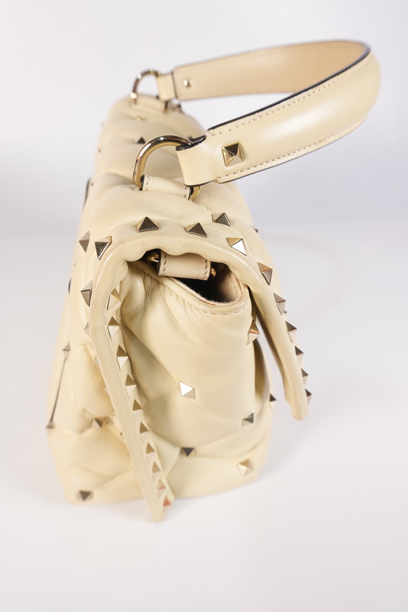 Candystud Nappa Top Handle in Light Beige Smooth Calfskin Leather | Purse Maison Luxury Bags Shop