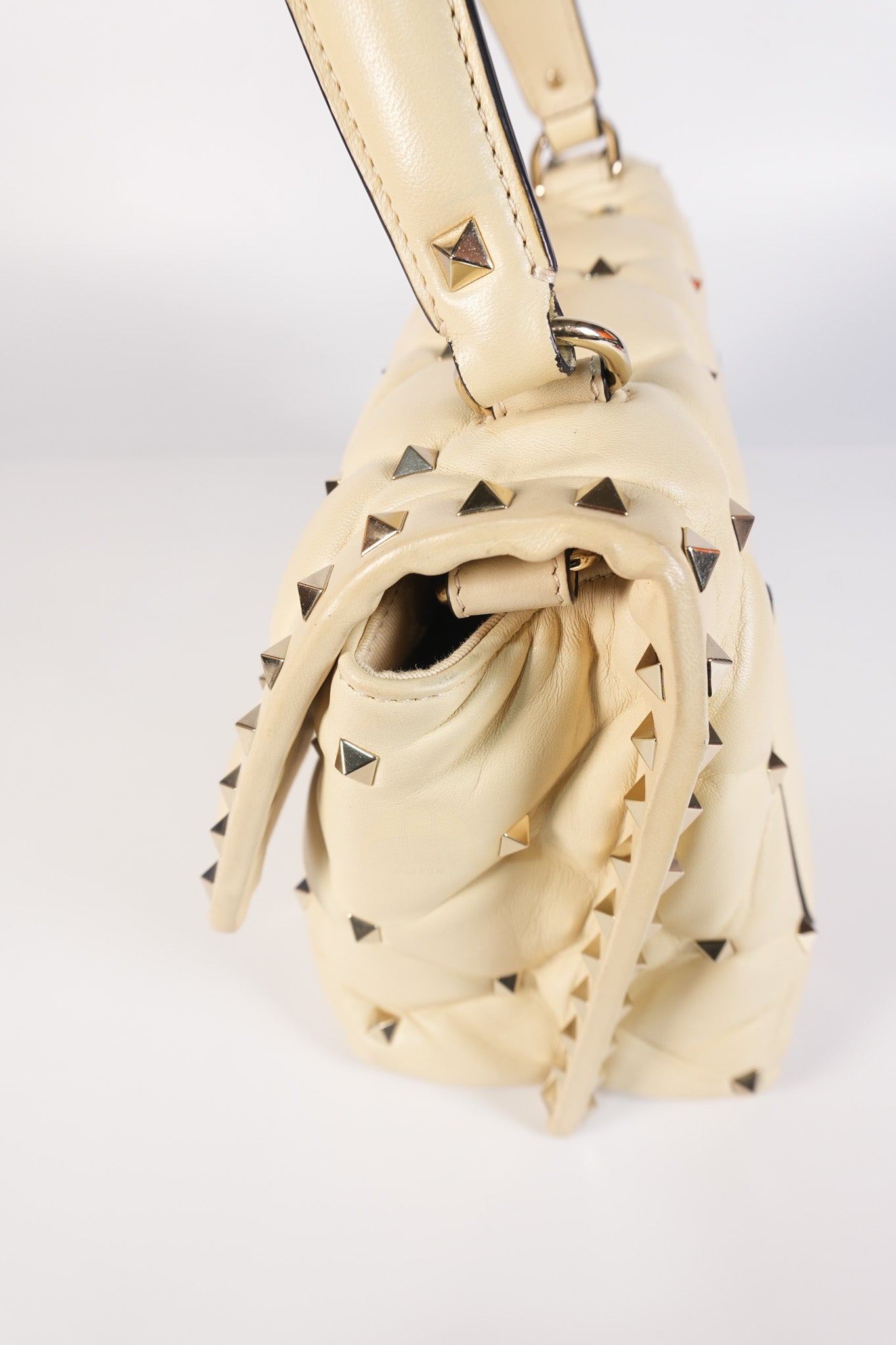 Candystud Nappa Top Handle in Light Beige Smooth Calfskin Leather | Purse Maison Luxury Bags Shop