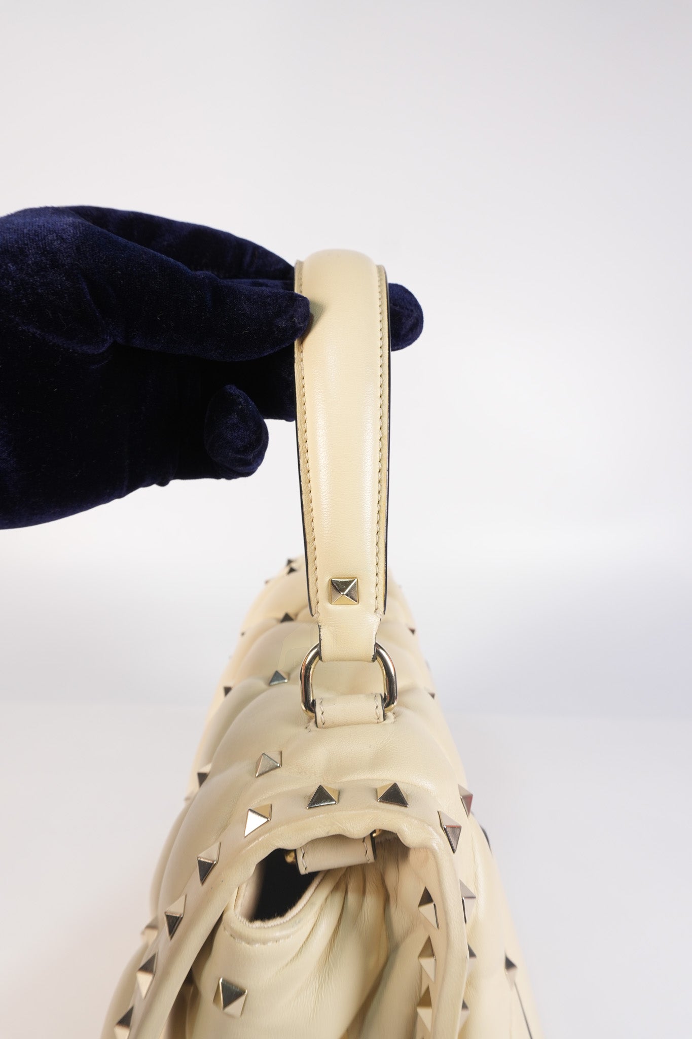 Candystud Nappa Top Handle in Light Beige Smooth Calfskin Leather | Purse Maison Luxury Bags Shop