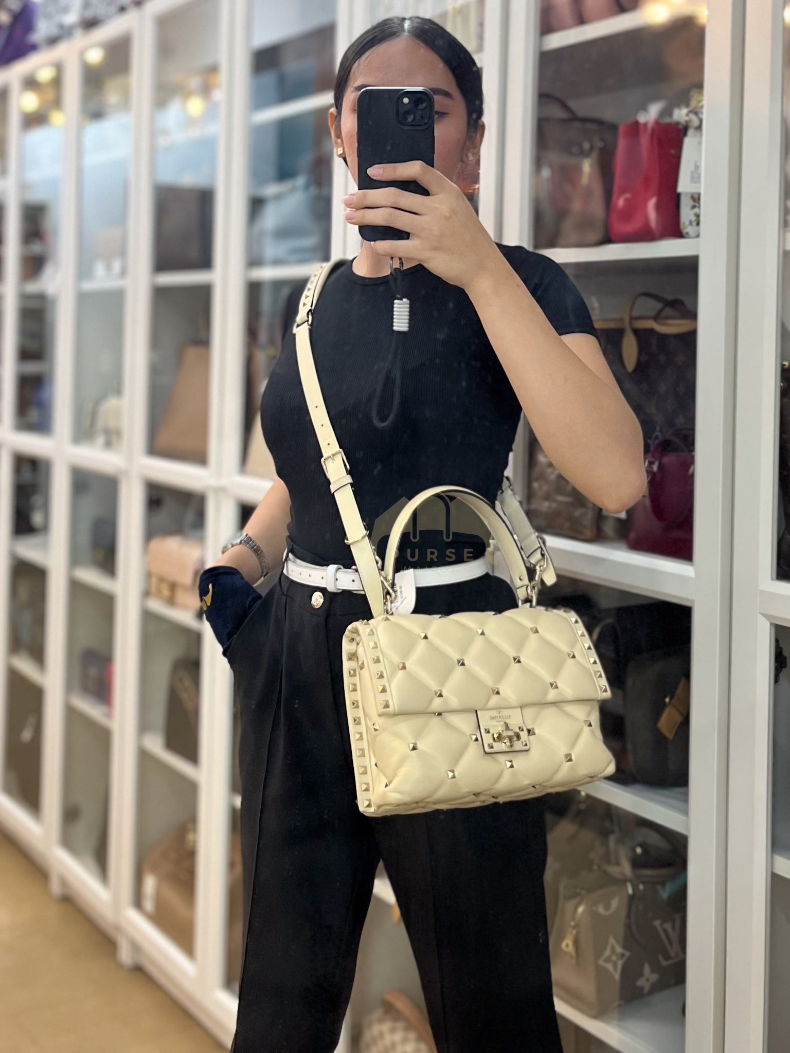 Candystud Nappa Top Handle in Light Beige Smooth Calfskin Leather | Purse Maison Luxury Bags Shop