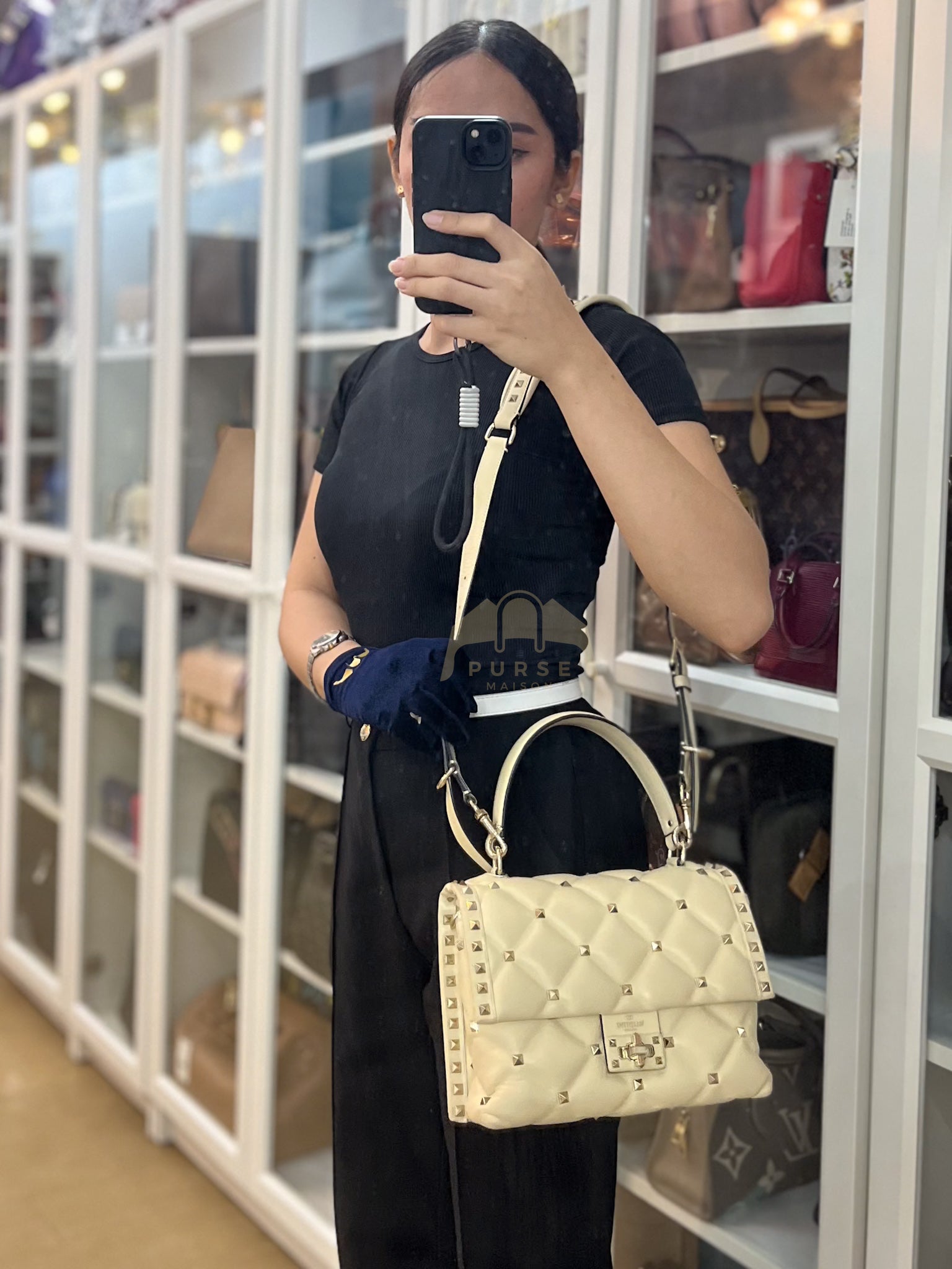 Candystud Nappa Top Handle in Light Beige Smooth Calfskin Leather | Purse Maison Luxury Bags Shop