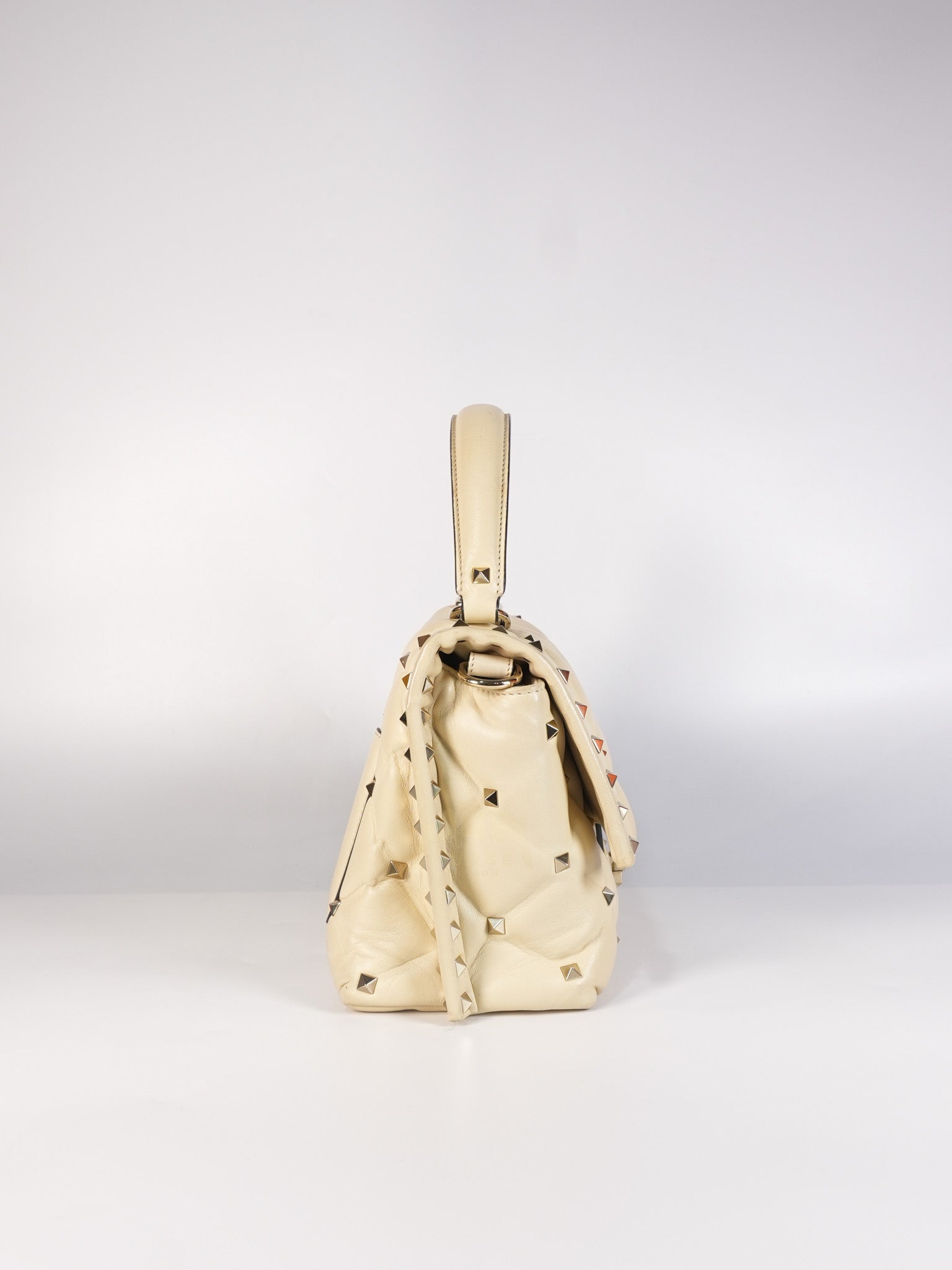 Candystud Nappa Top Handle in Light Beige Smooth Calfskin Leather | Purse Maison Luxury Bags Shop