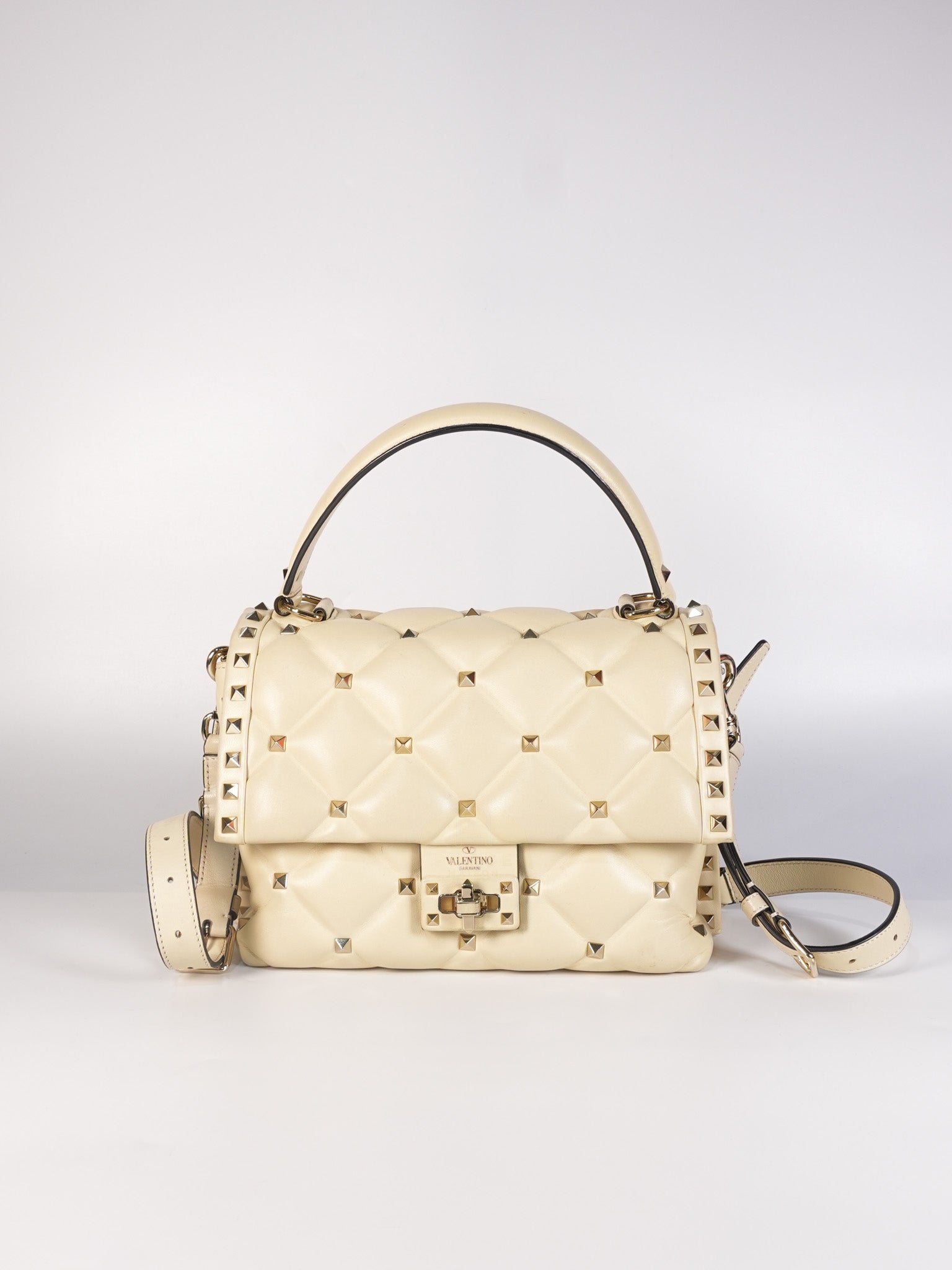 Candystud Nappa Top Handle in Light Beige Smooth Calfskin Leather | Purse Maison Luxury Bags Shop
