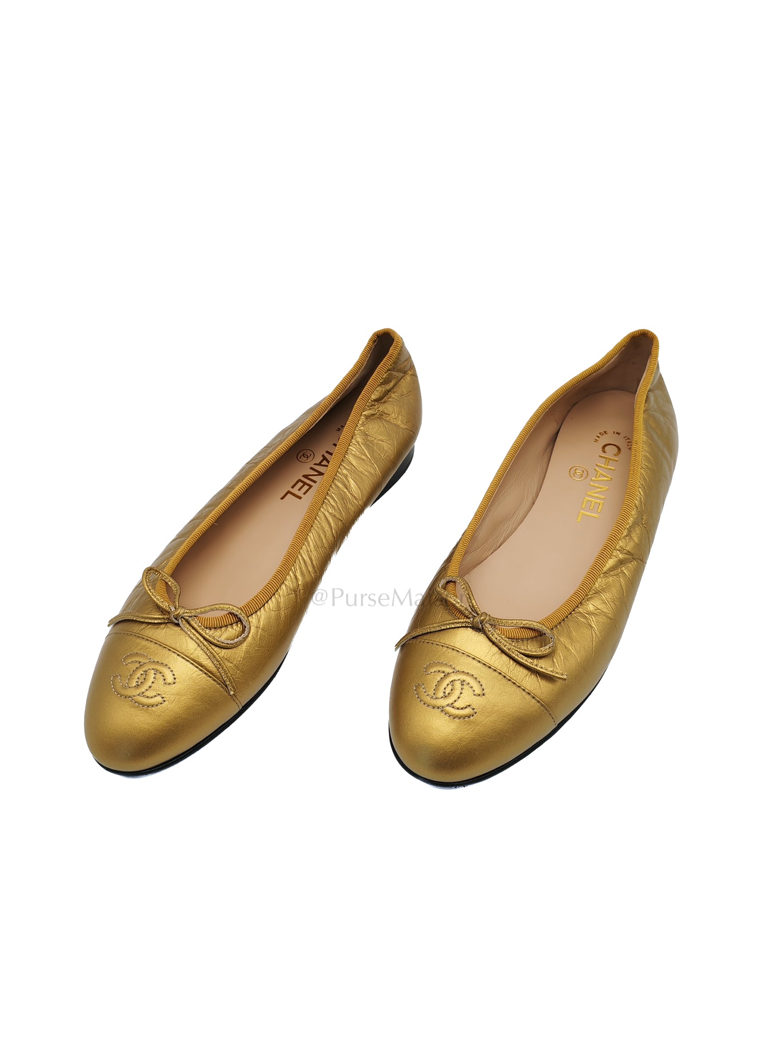 Cap Toe Ballerina Flats in Metallic Gold in Distressed Leather Size 38EU (24cm) | Purse Maison Luxury Bags Shop