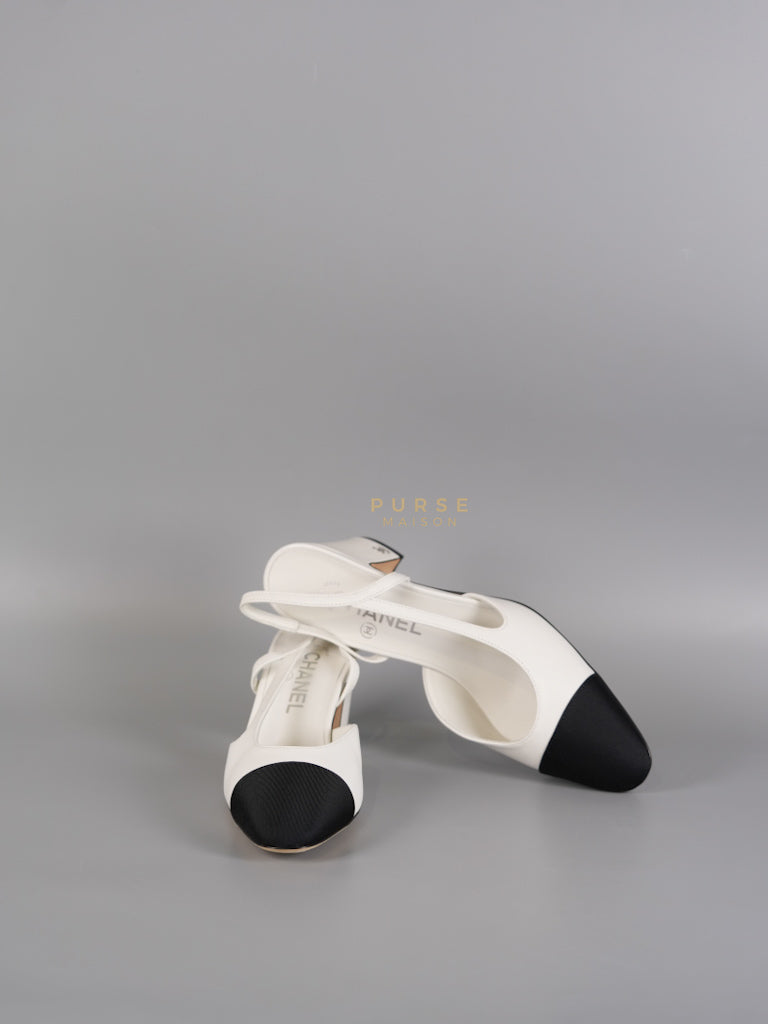 Cap Toe CC Slingback Pumps in White Lambskin Leather Size 38 EU(25 cm) | Purse Maison Luxury Bags Shop