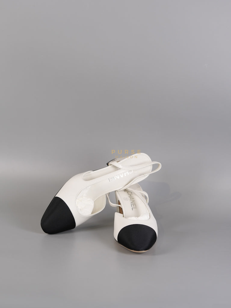 Cap Toe CC Slingback Pumps in White Lambskin Leather Size 38 EU(25 cm) | Purse Maison Luxury Bags Shop