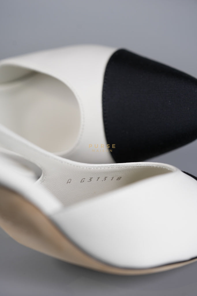 Cap Toe CC Slingback Pumps in White Lambskin Leather Size 38 EU(25 cm) | Purse Maison Luxury Bags Shop