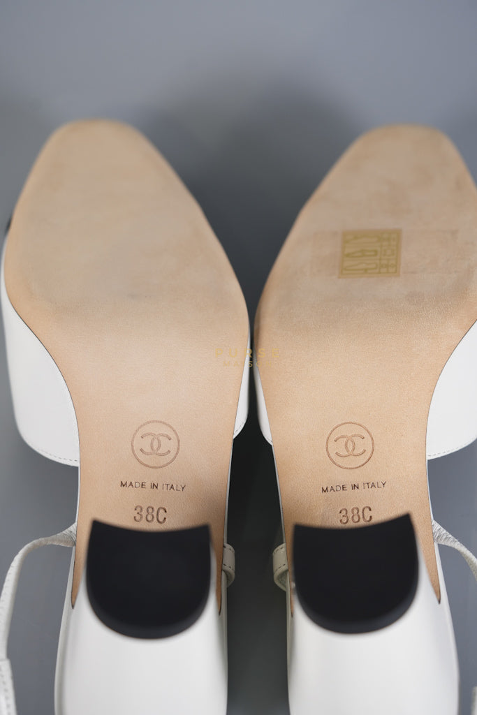 Cap Toe CC Slingback Pumps in White Lambskin Leather Size 38 EU(25 cm) | Purse Maison Luxury Bags Shop