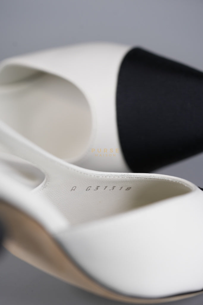 Cap Toe CC Slingback Pumps in White Lambskin Leather Size 38 EU(25 cm) | Purse Maison Luxury Bags Shop