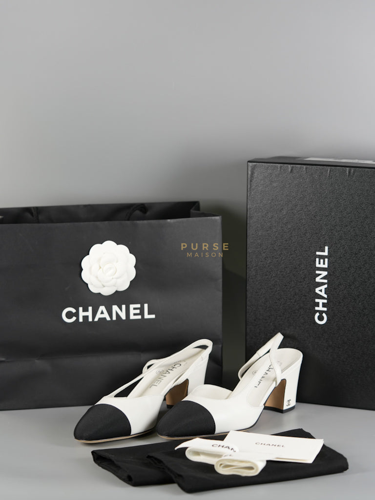 Cap Toe CC Slingback Pumps in White Lambskin Leather Size 38 EU(25 cm) | Purse Maison Luxury Bags Shop