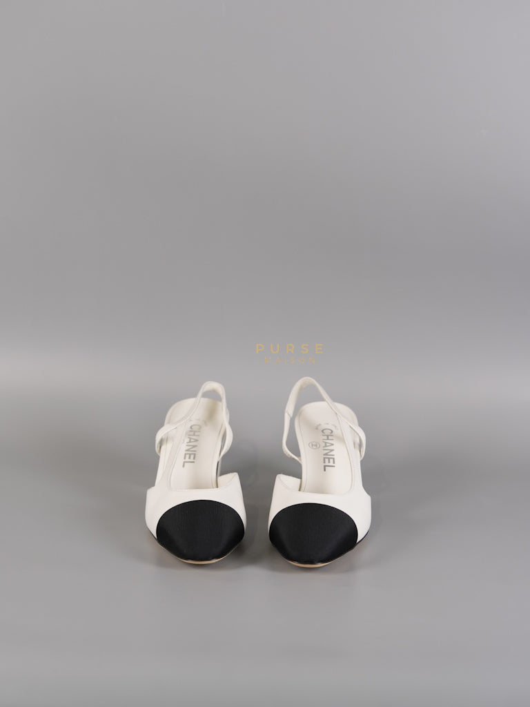 Cap Toe CC Slingback Pumps in White Lambskin Leather Size 38 EU(25 cm) | Purse Maison Luxury Bags Shop