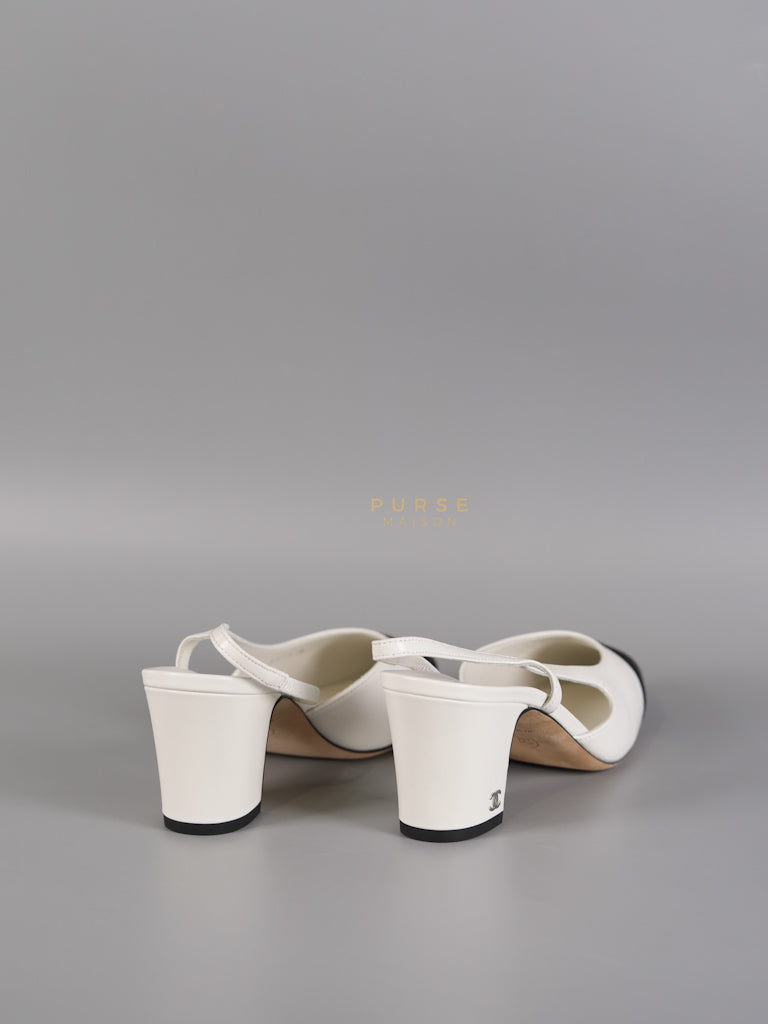 Cap Toe CC Slingback Pumps in White Lambskin Leather Size 38 EU(25 cm) | Purse Maison Luxury Bags Shop