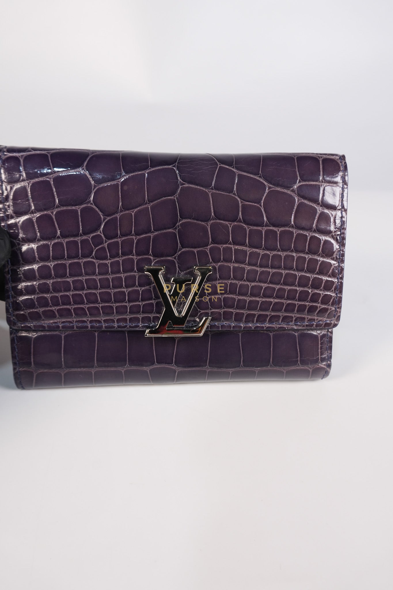 Capuccines in Violet Crocodile Leather Compact Wallet | Purse Maison Luxury Bags Shop