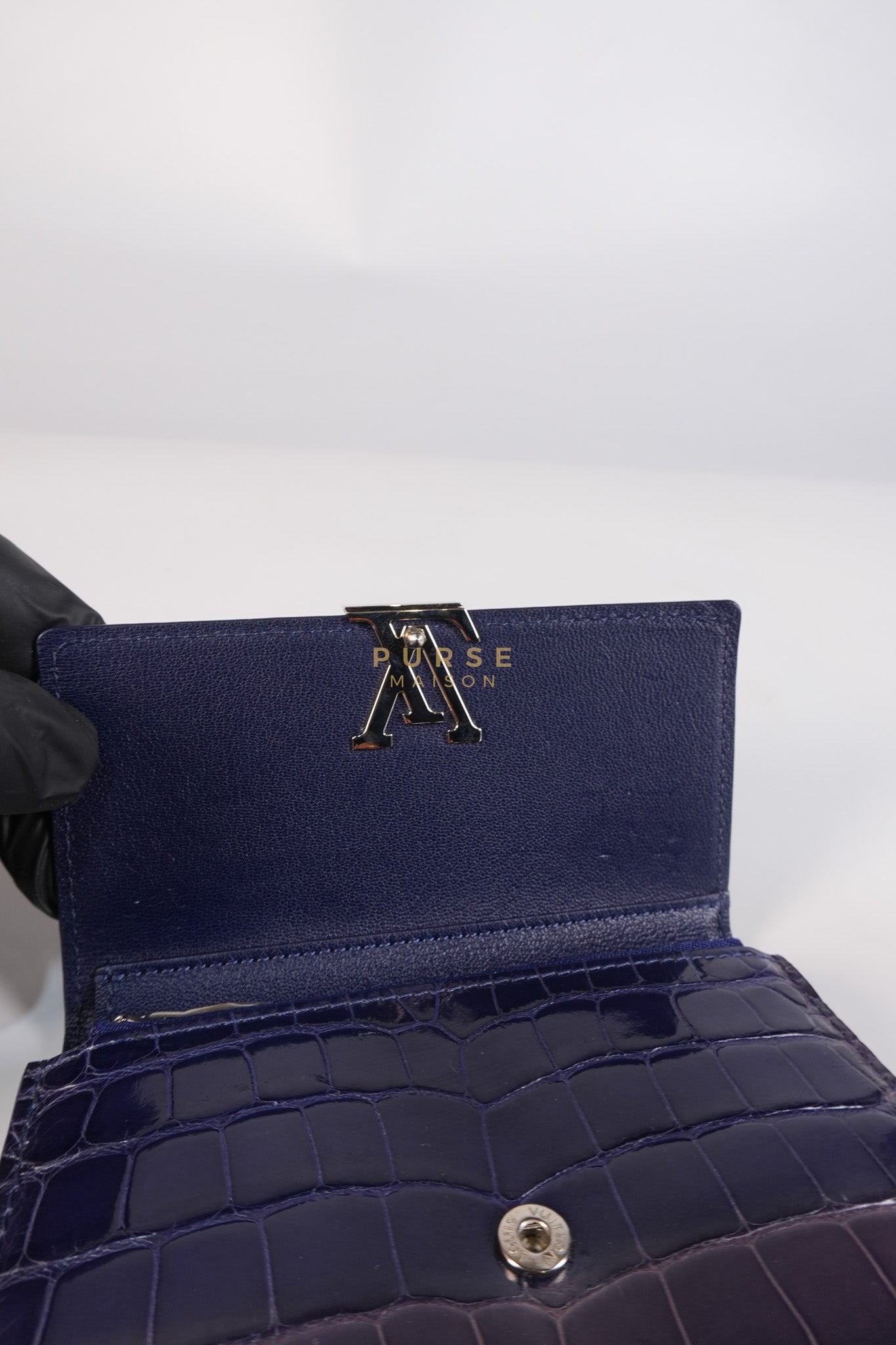 Capuccines in Violet Crocodile Leather Compact Wallet | Purse Maison Luxury Bags Shop