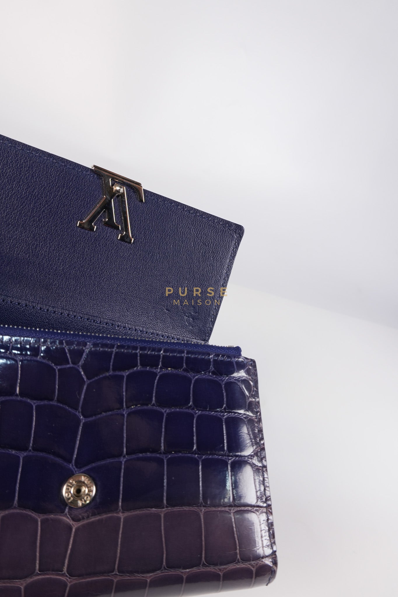 Capuccines in Violet Crocodile Leather Compact Wallet | Purse Maison Luxury Bags Shop