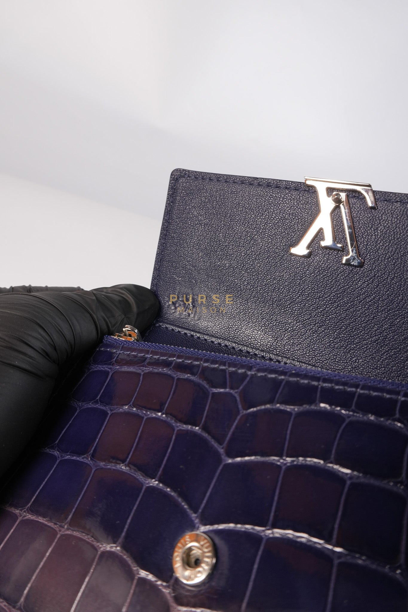 Capuccines in Violet Crocodile Leather Compact Wallet | Purse Maison Luxury Bags Shop