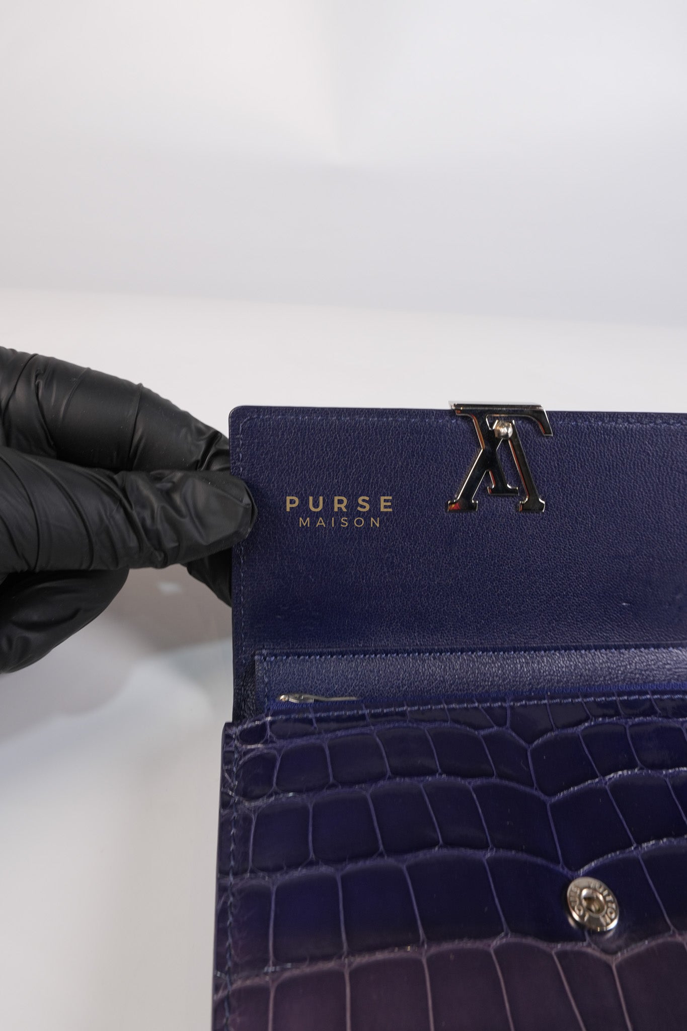 Capuccines in Violet Crocodile Leather Compact Wallet | Purse Maison Luxury Bags Shop