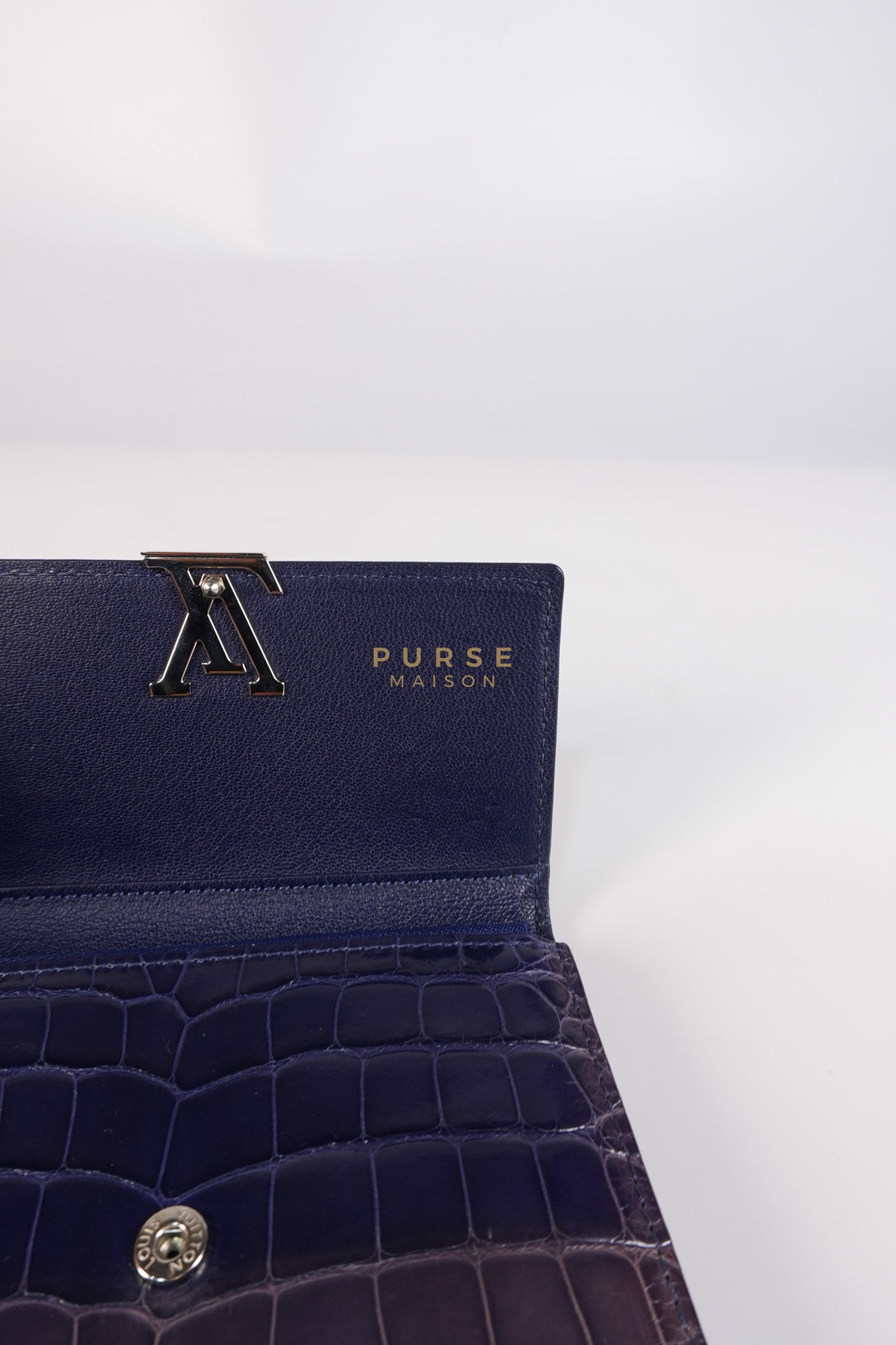 Capuccines in Violet Crocodile Leather Compact Wallet | Purse Maison Luxury Bags Shop