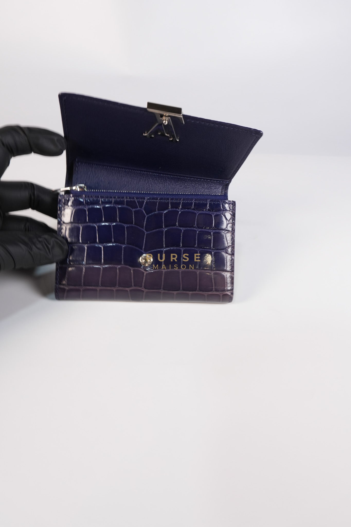 Capuccines in Violet Crocodile Leather Compact Wallet | Purse Maison Luxury Bags Shop
