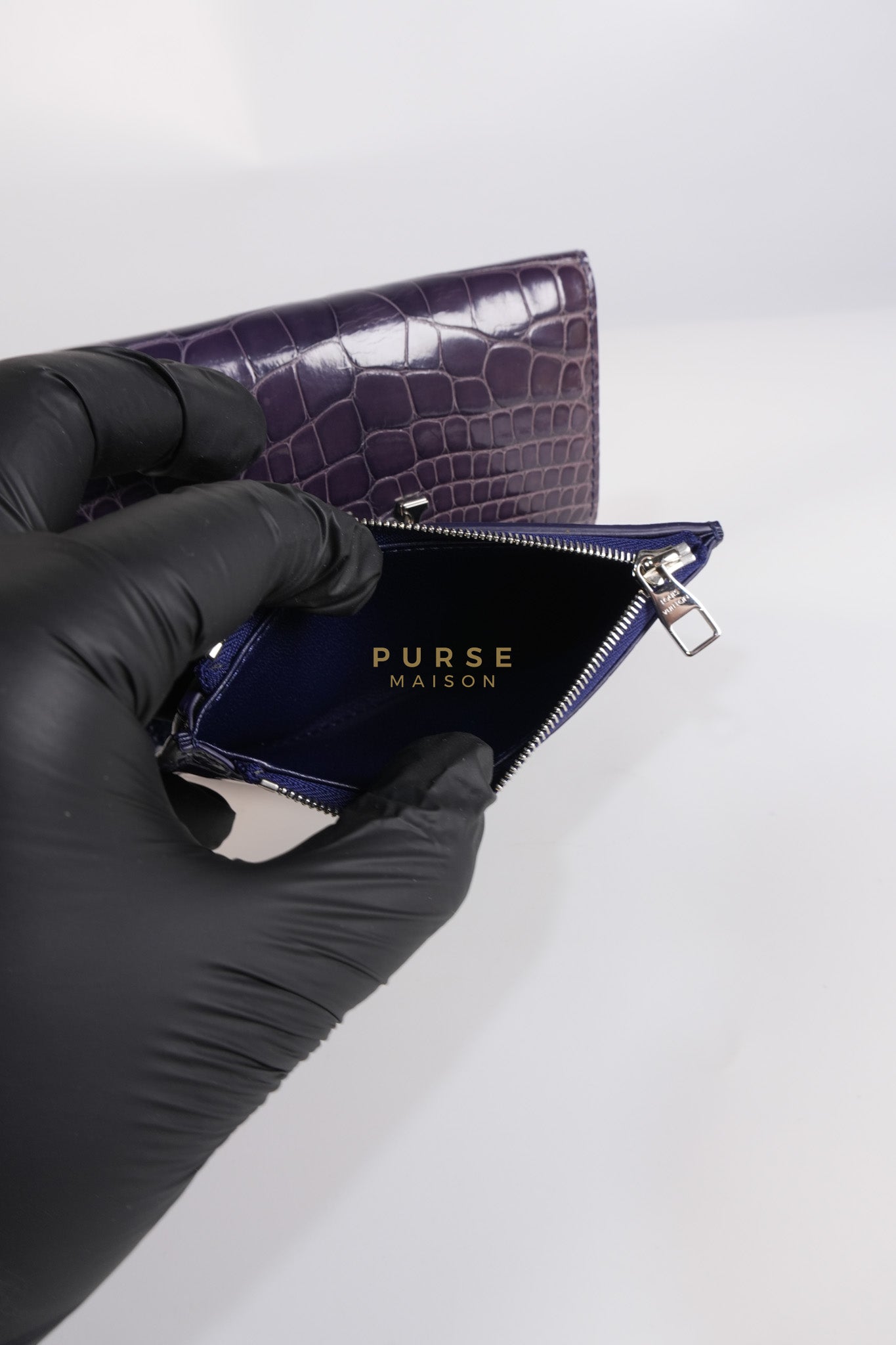 Capuccines in Violet Crocodile Leather Compact Wallet | Purse Maison Luxury Bags Shop