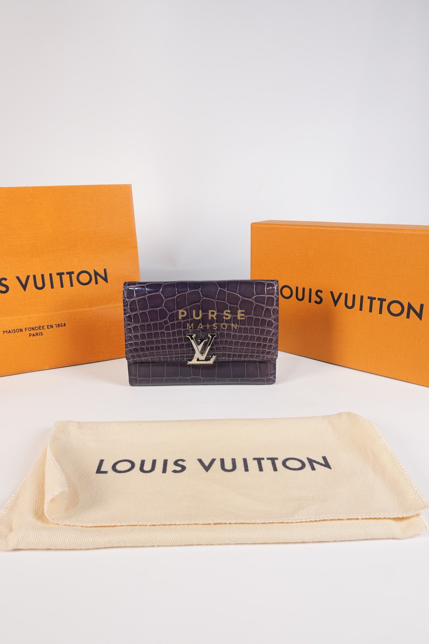 Capuccines in Violet Crocodile Leather Compact Wallet | Purse Maison Luxury Bags Shop