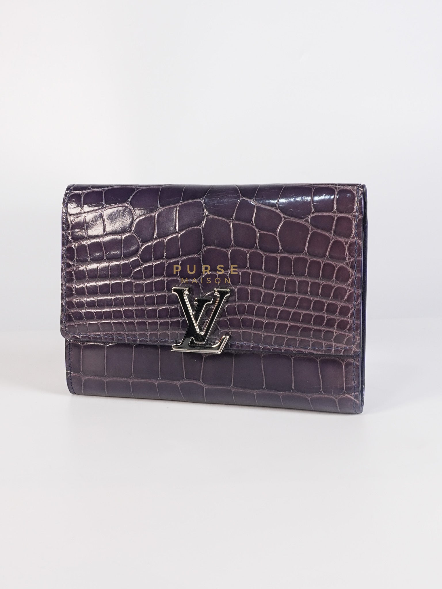 Capuccines in Violet Crocodile Leather Compact Wallet | Purse Maison Luxury Bags Shop