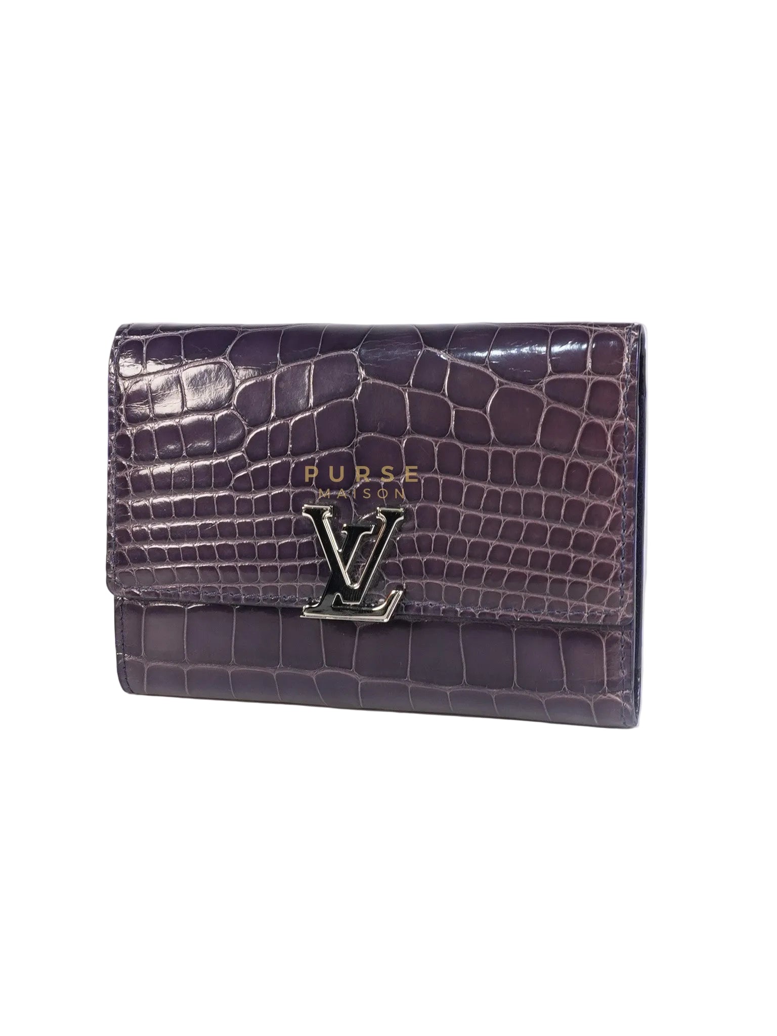 Capuccines in Violet Crocodile Leather Compact Wallet | Purse Maison Luxury Bags Shop