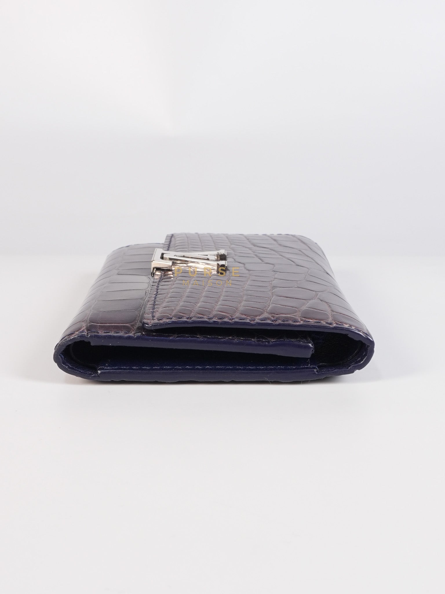 Capuccines in Violet Crocodile Leather Compact Wallet | Purse Maison Luxury Bags Shop