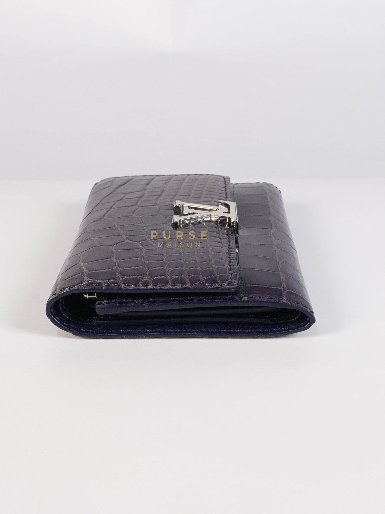 Capuccines in Violet Crocodile Leather Compact Wallet | Purse Maison Luxury Bags Shop
