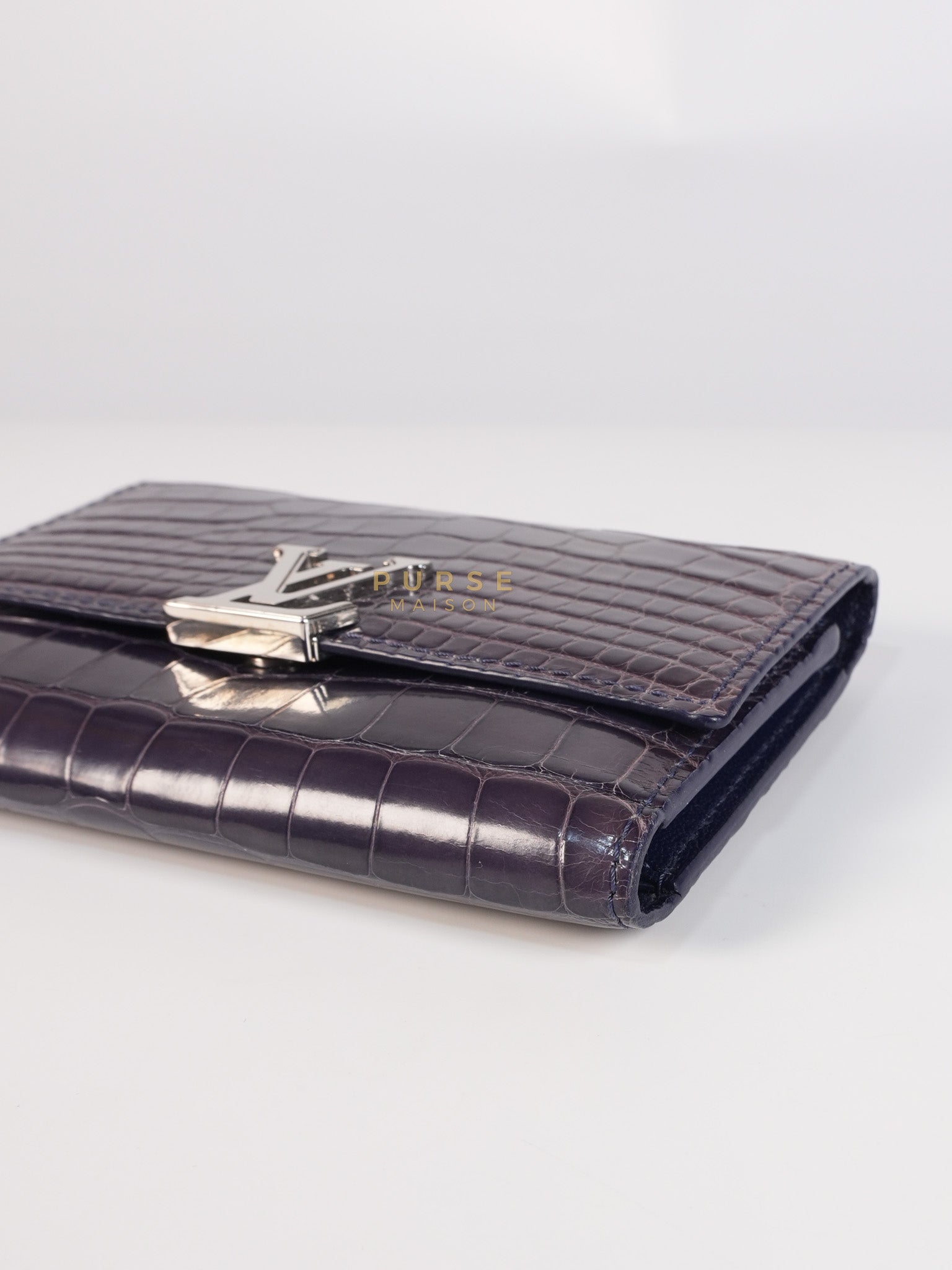 Capuccines in Violet Crocodile Leather Compact Wallet | Purse Maison Luxury Bags Shop