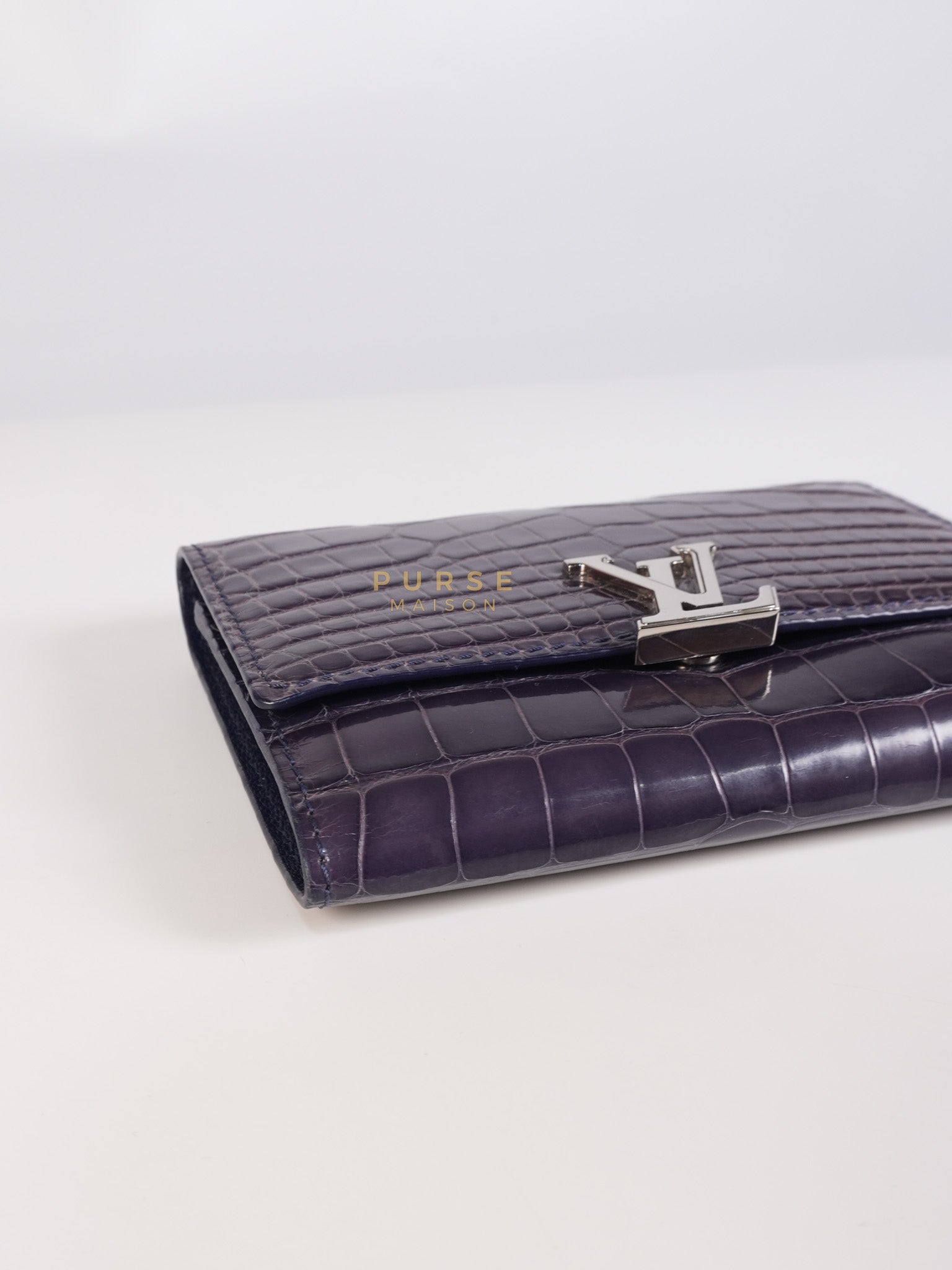 Capuccines in Violet Crocodile Leather Compact Wallet | Purse Maison Luxury Bags Shop