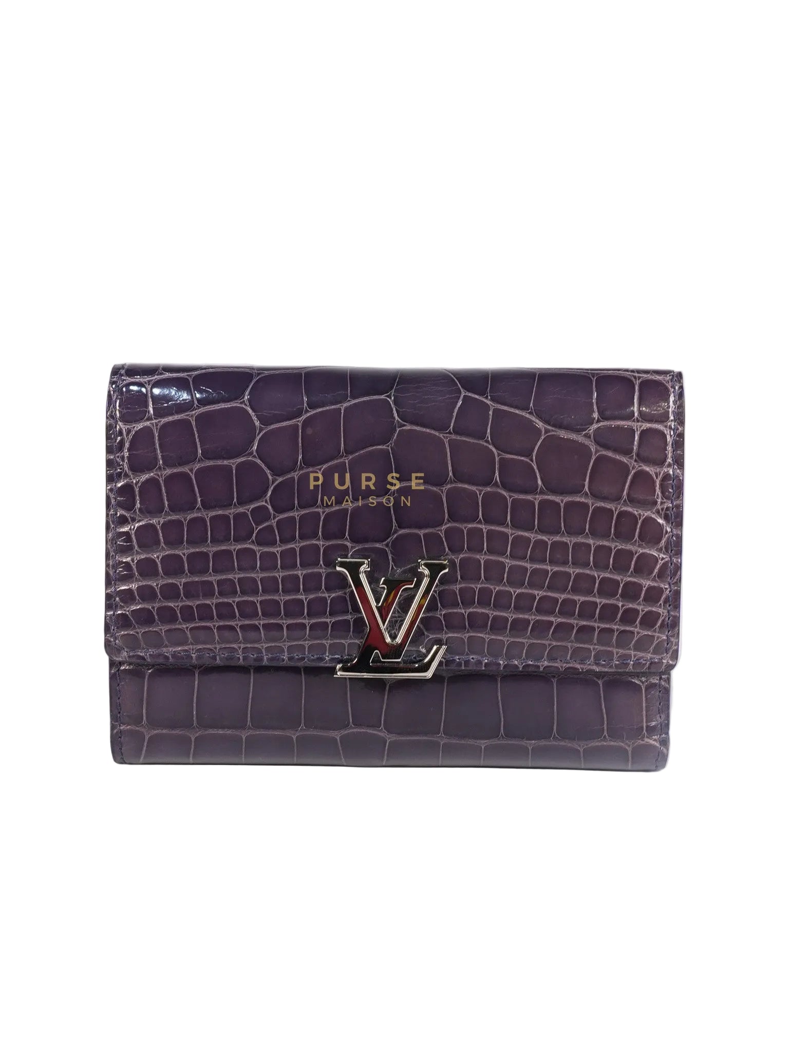 Capuccines in Violet Crocodile Leather Compact Wallet | Purse Maison Luxury Bags Shop