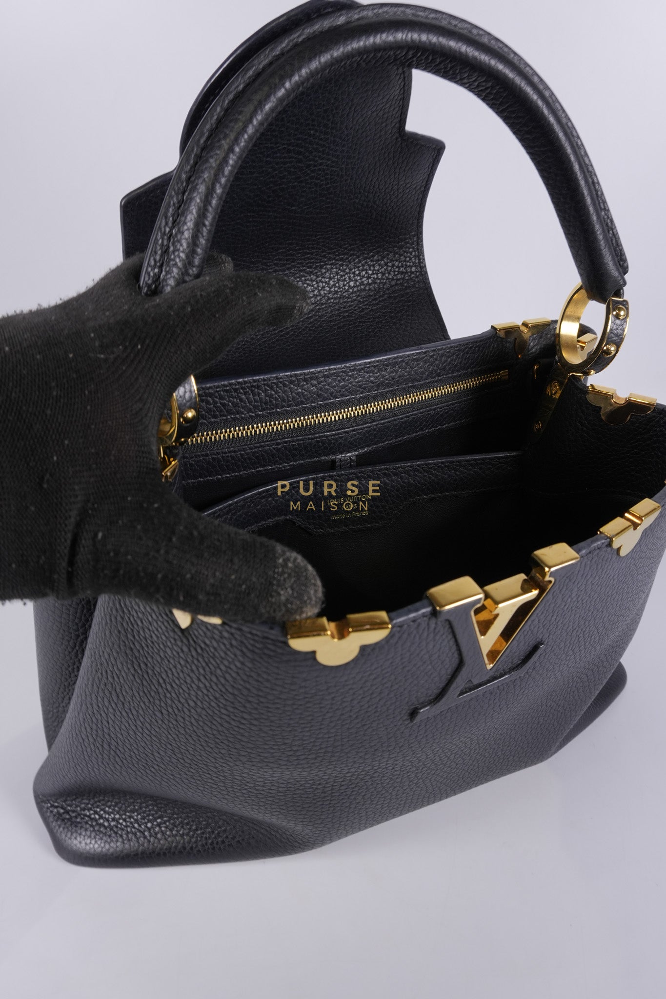 Capuccines PM Black Taurillon Leather and Gold Hardware | Purse Maison Luxury Bags Shop