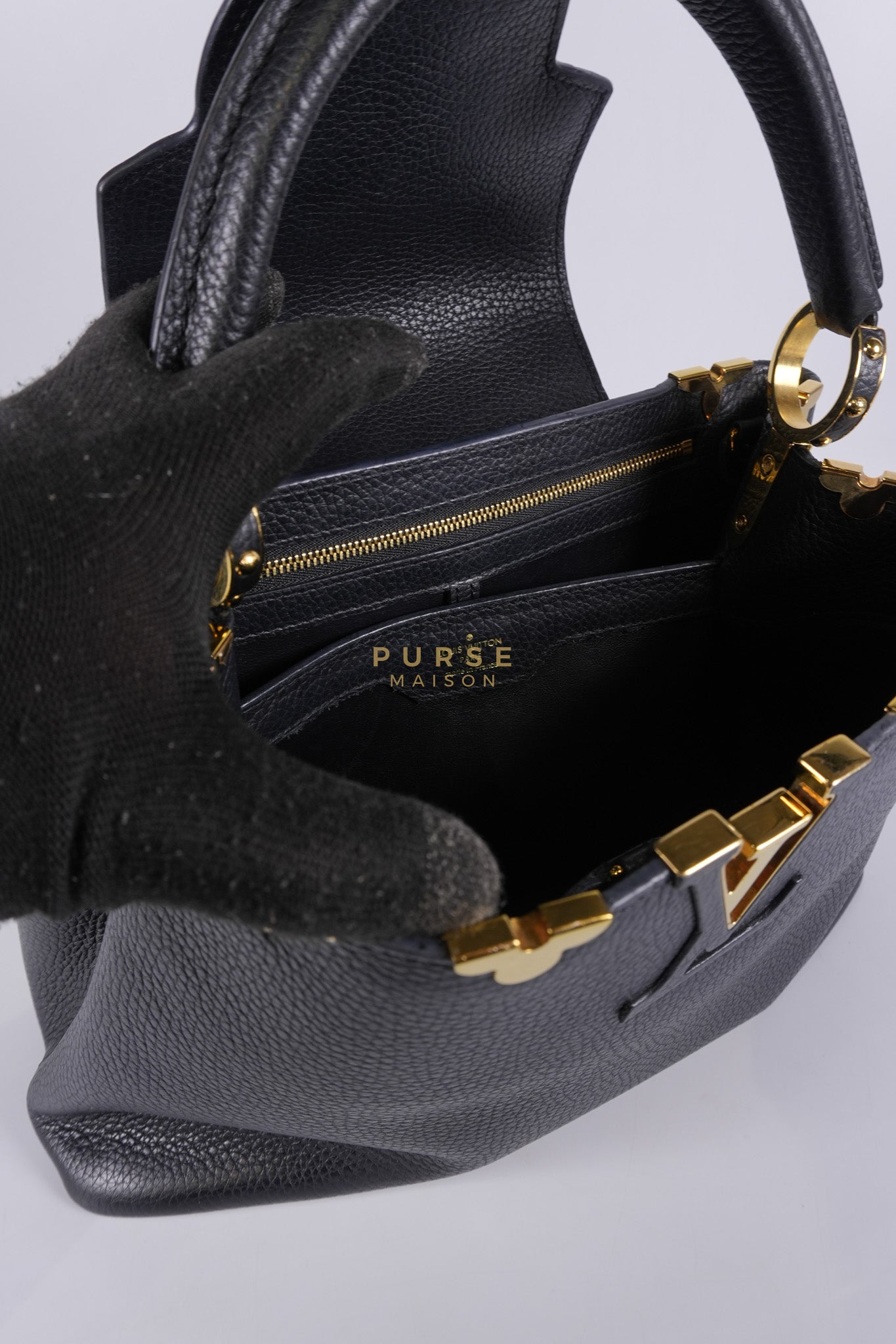 Capuccines PM Black Taurillon Leather and Gold Hardware | Purse Maison Luxury Bags Shop
