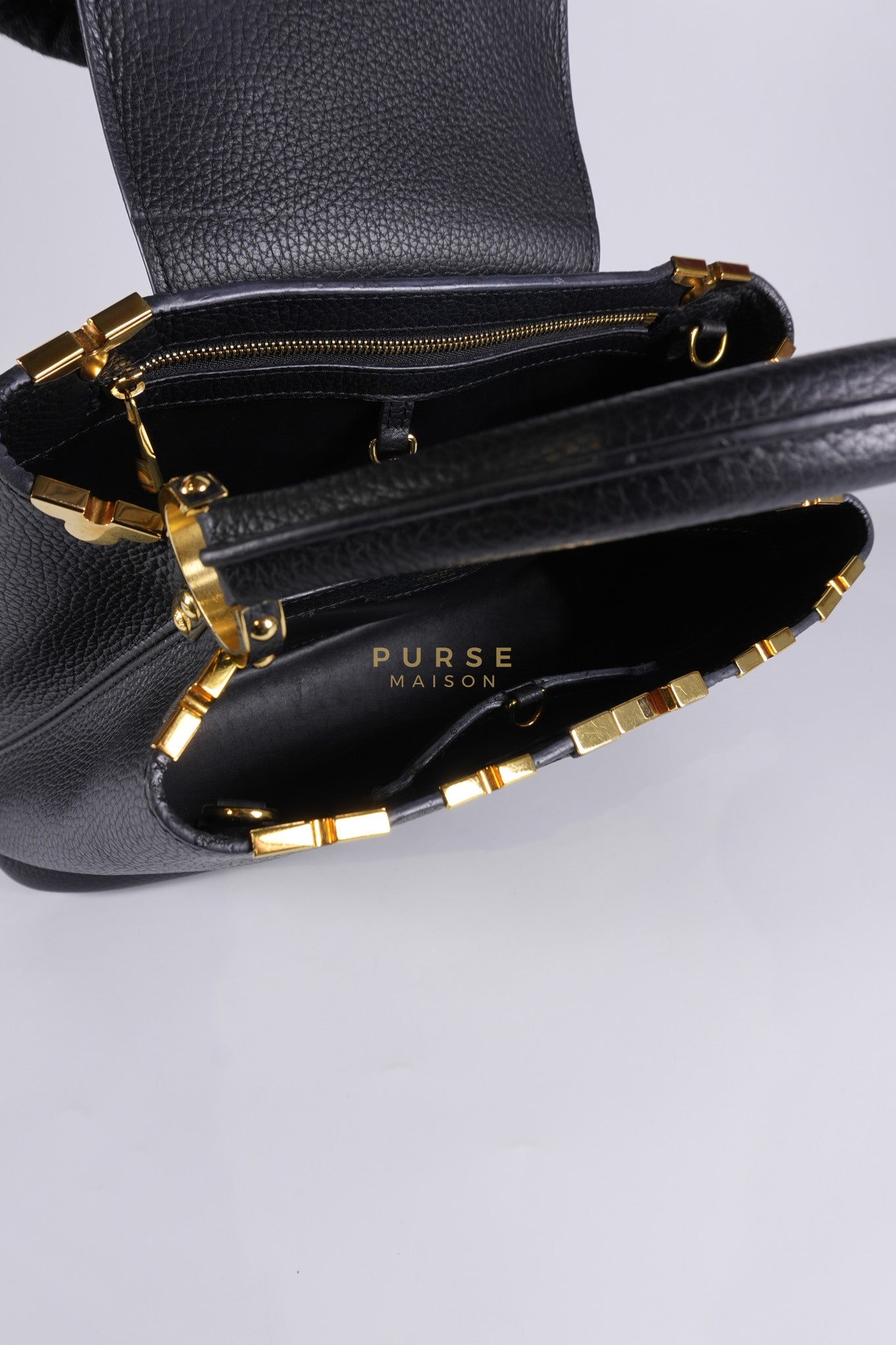 Capuccines PM Black Taurillon Leather and Gold Hardware | Purse Maison Luxury Bags Shop