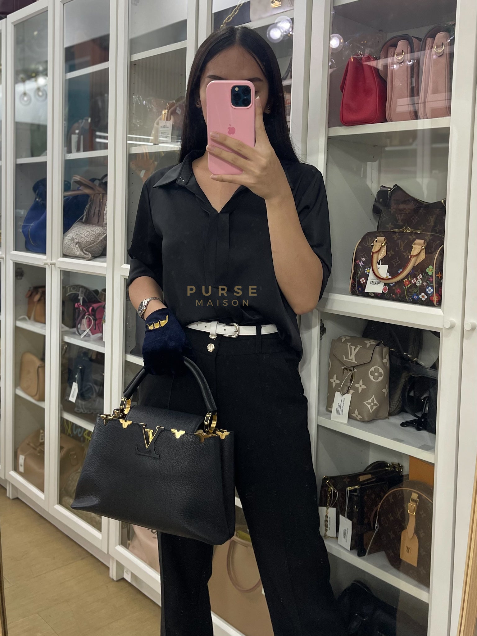 Capuccines PM Black Taurillon Leather and Gold Hardware | Purse Maison Luxury Bags Shop